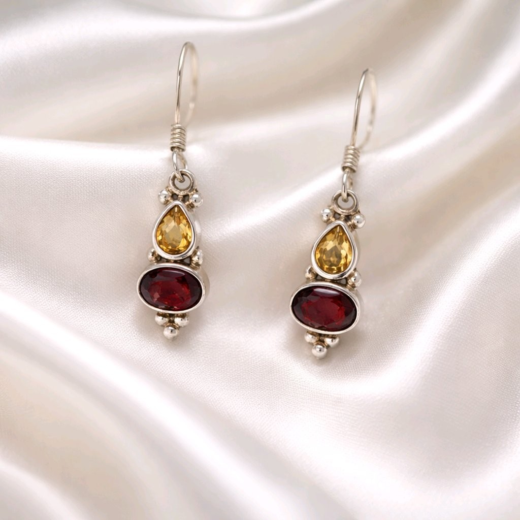 Garnet Earring Sterling Silver Citrine Drop Dangle Boho Multi Stone 925