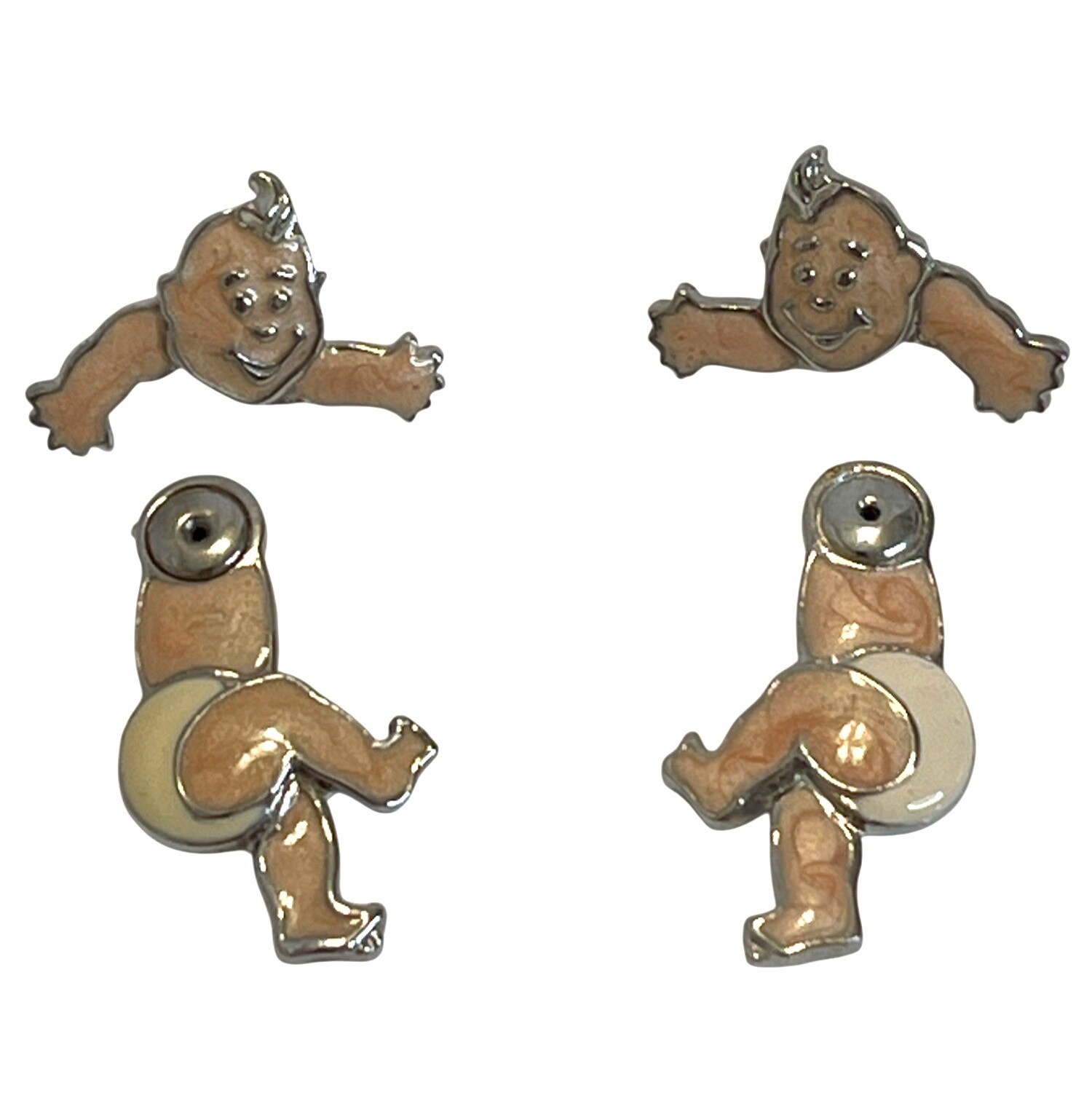 Vintage Edgar Berebi 3D Articulated Enamel Swivel Baby Earrings Diaper Kewpie