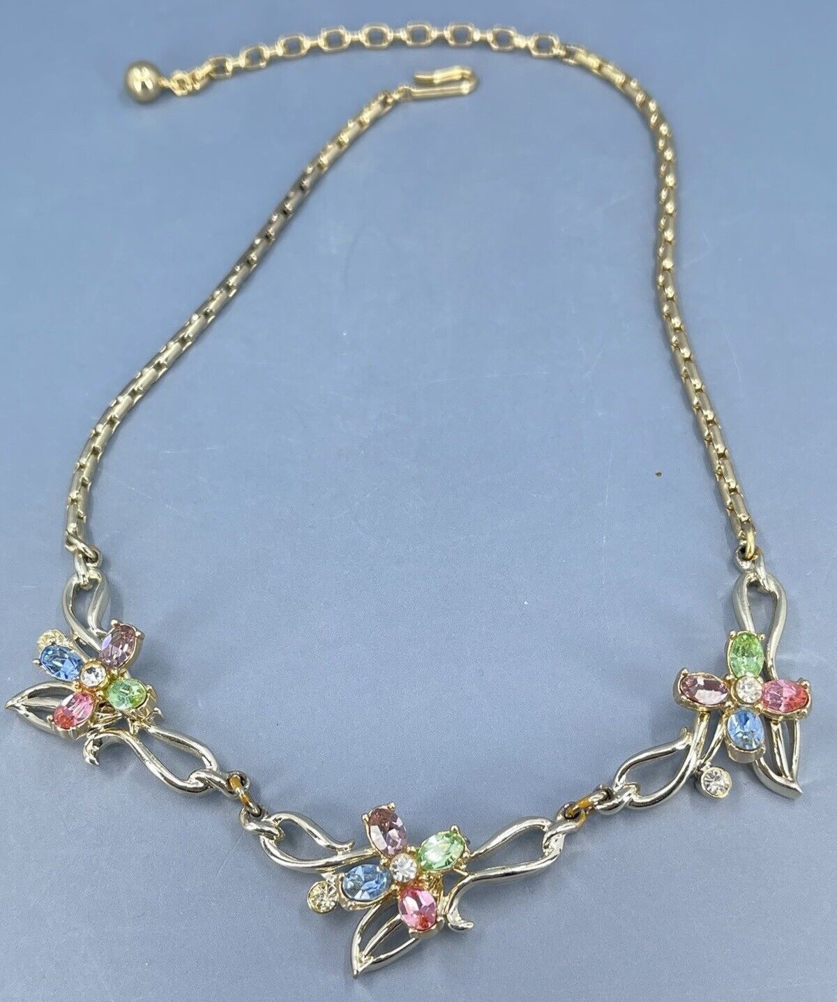Kramer Flower Necklace Choker multi colored Rhinestones gold tone 15″
