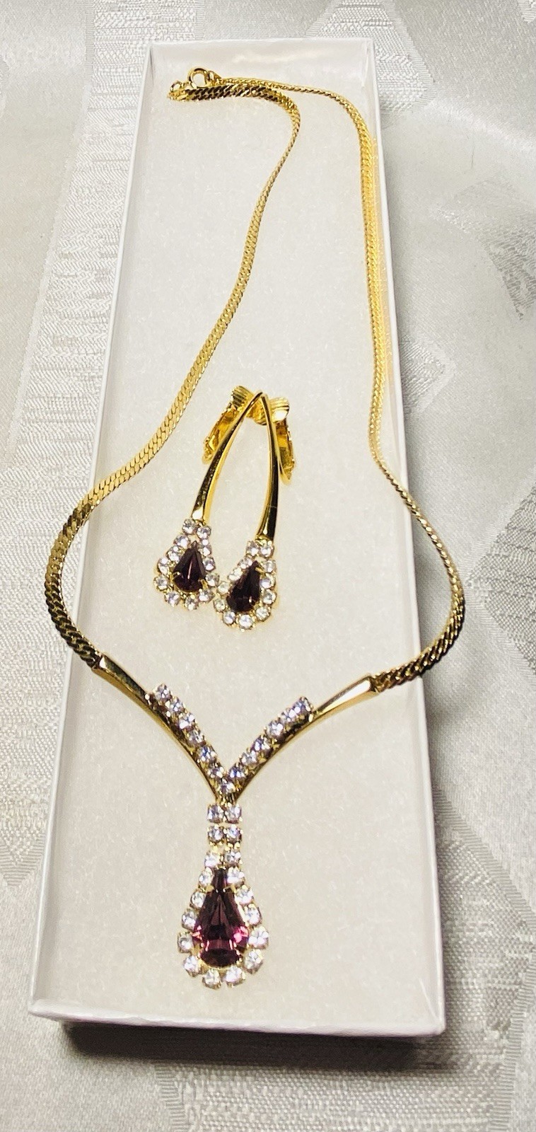 Vintage Rhinestone Purple Teardrop Necklace & Earring Set Statement Jewelry 3pc