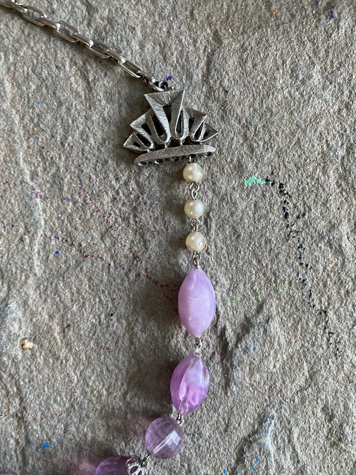 Vintage Necklace Beaded Lavender Lilac Pearl Faceted Silver Tone