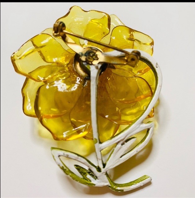 Vintage Enamel Flower Pin 3D Cellulose Acetate Yellow Rose