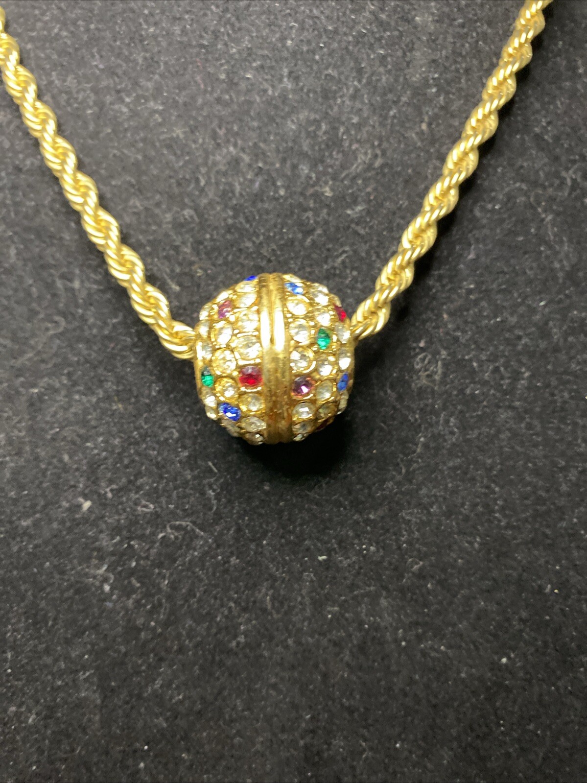 Vintage Big Gold Tone Crystal Rhinestone Ball Slide Rope Chain Necklace 28”