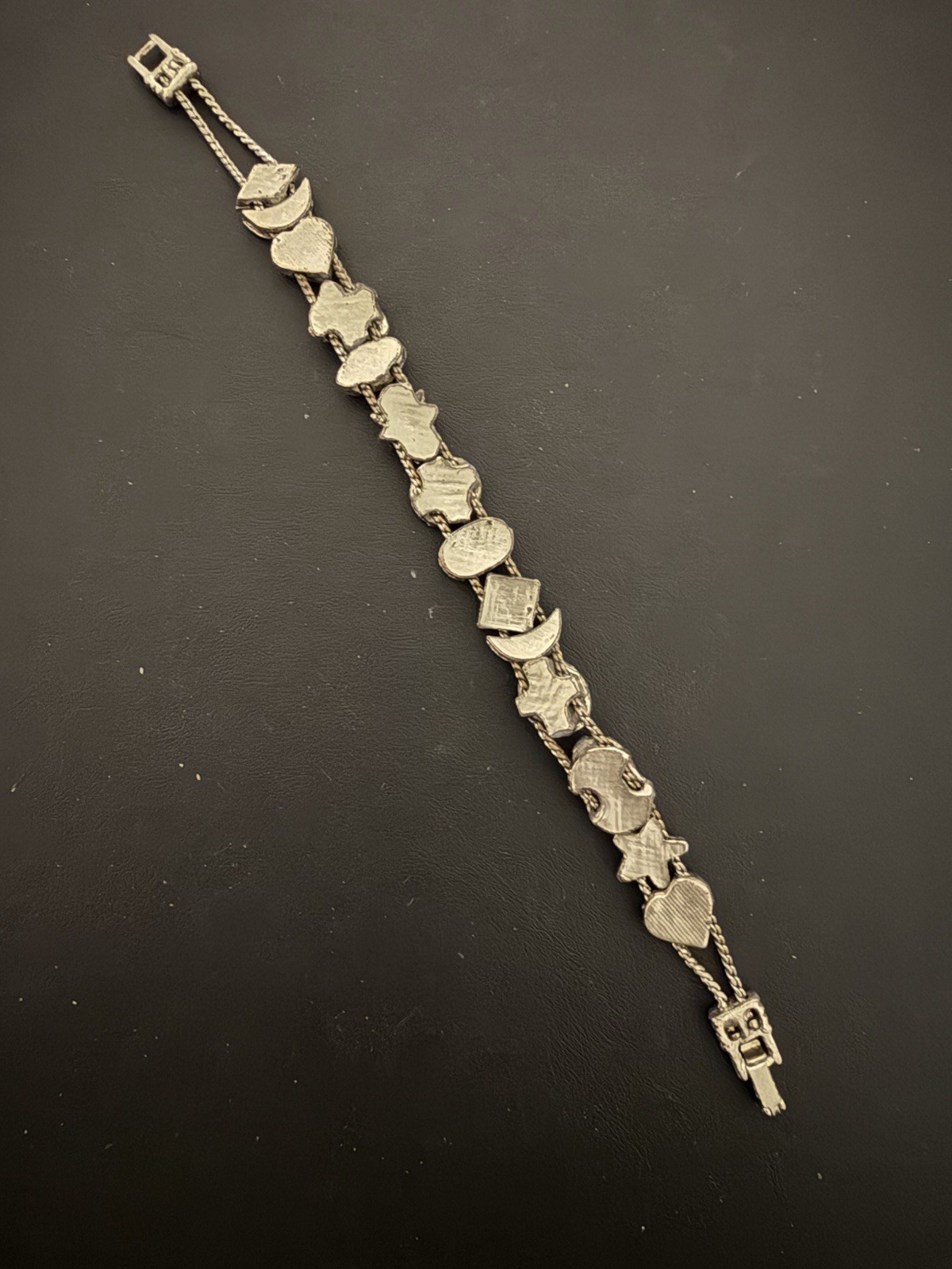 Unsigned Vintage Goldette Silver Tone Victorian Revival Slider Charm Bracelet 7”