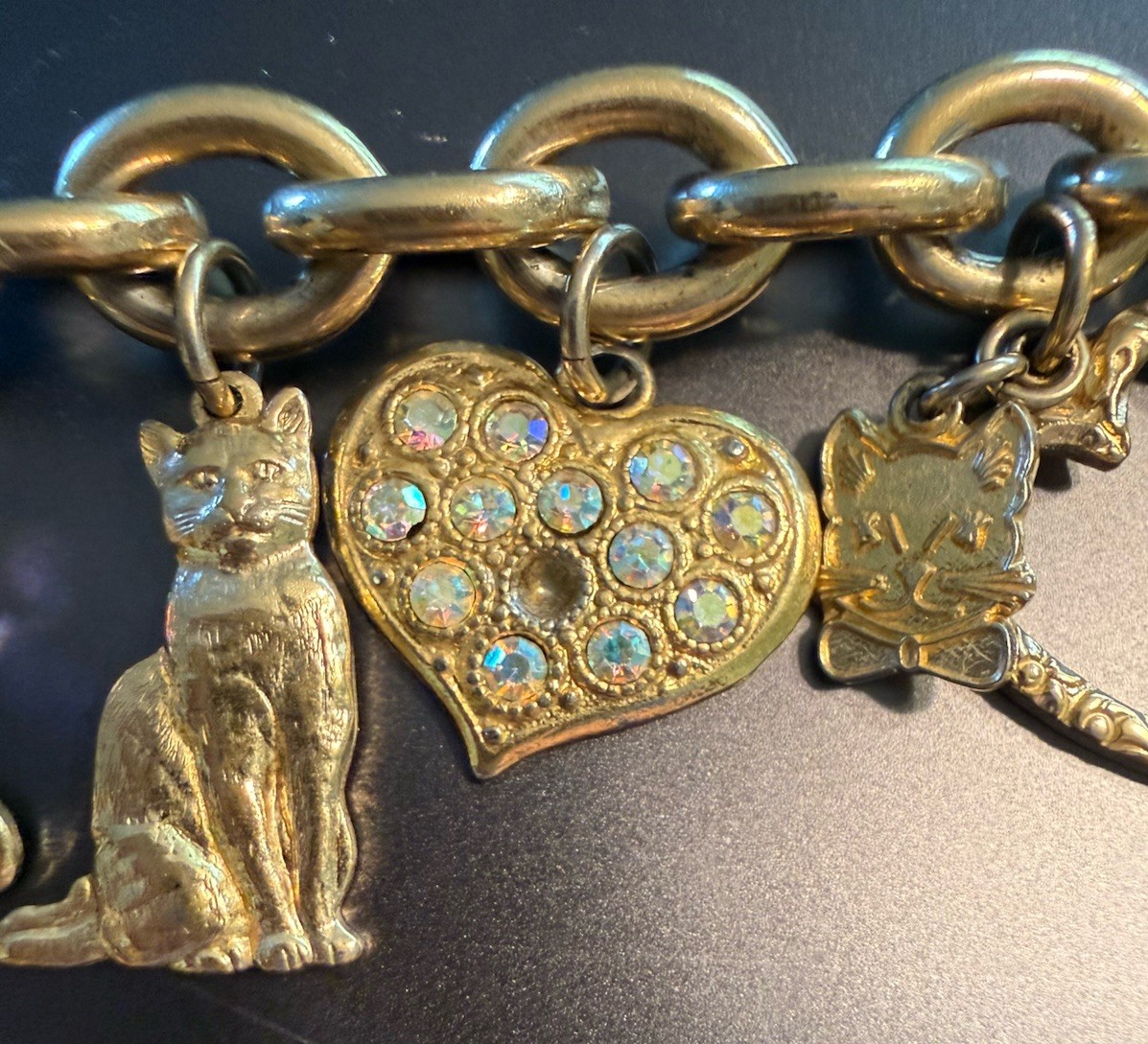 Vintage 1990s Kirks Folly Cat Charm Bracelet Gold Tone Rhinestones 12 Charms