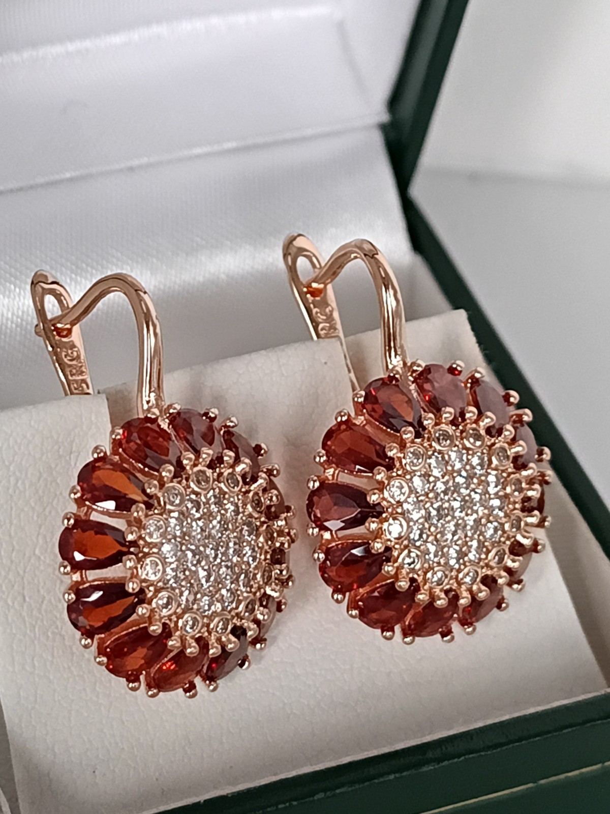 Vintage 1990-s 14 Ct Rolled Gold Large Ruby / Zircons Earrings-Hallmarked 585 RG