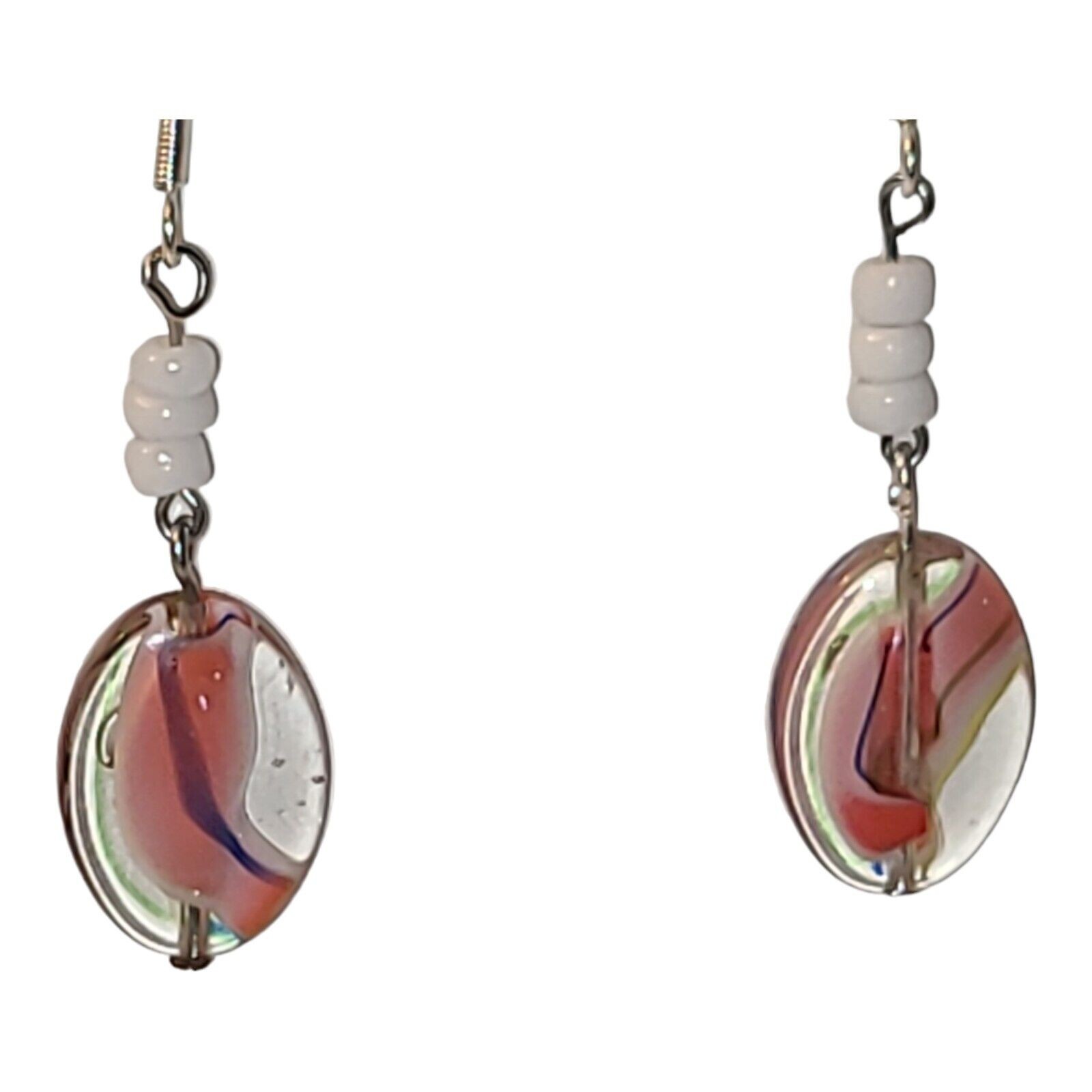 Multi-color Pink White Art Glass Bead Dangle Earrings 925 Sterling Silver 2″