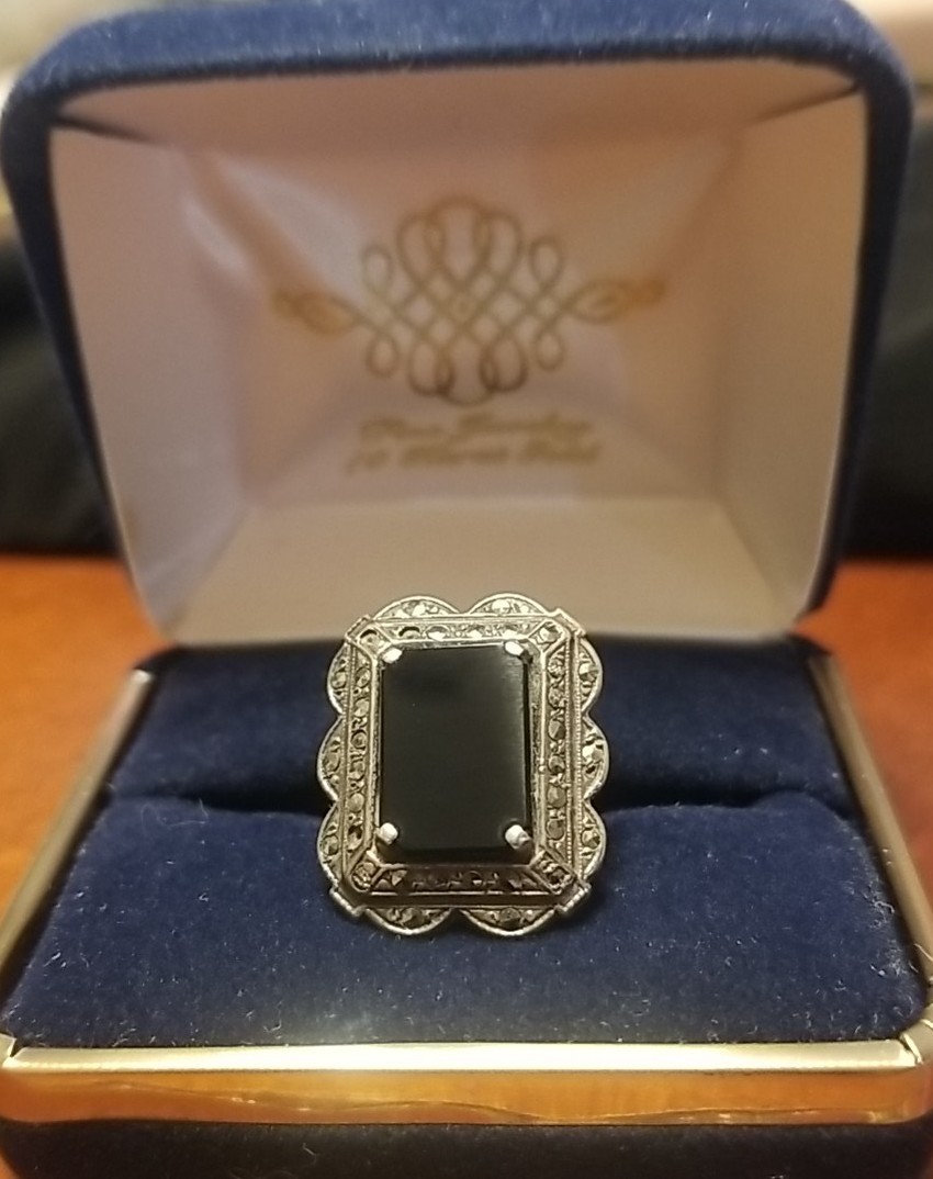 Antique Victorian Mourning Ring, Size 3, Black Onyx Marcasite And Silver