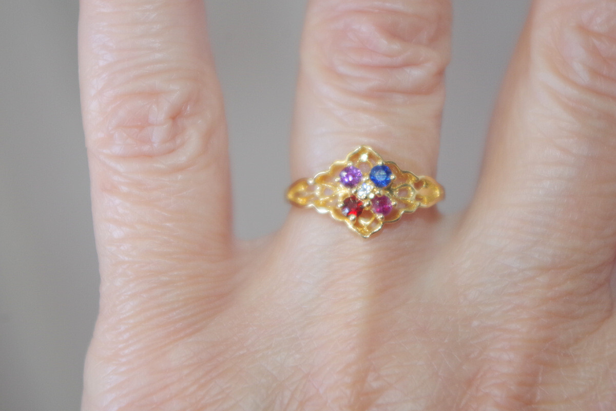 Vintage sapphire, Ruby, Amethyst, Smokey Topaz 14k GF Cocktail Four Stone Band R