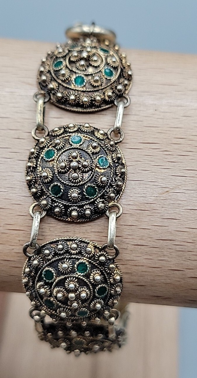 Antique Dutch 833 Silver Filigree Bracelet Green Glass Art Deco S-Hertogenbosch