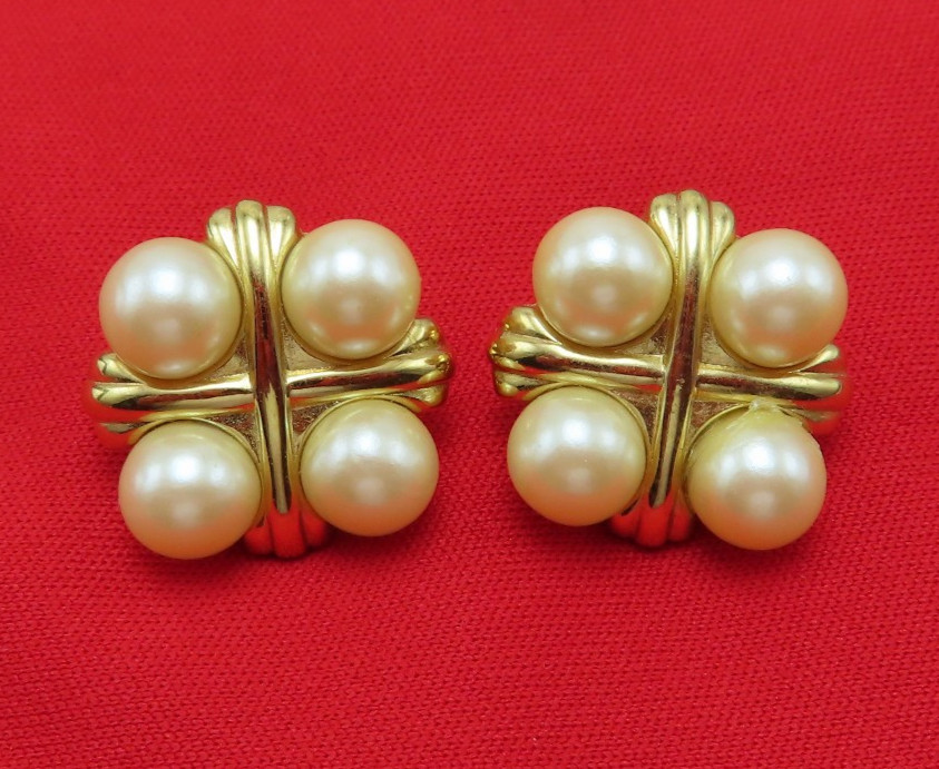 Givenchy Vintage Earrings White Pearl Gold Cross .75 inch Chunky Studs 846f