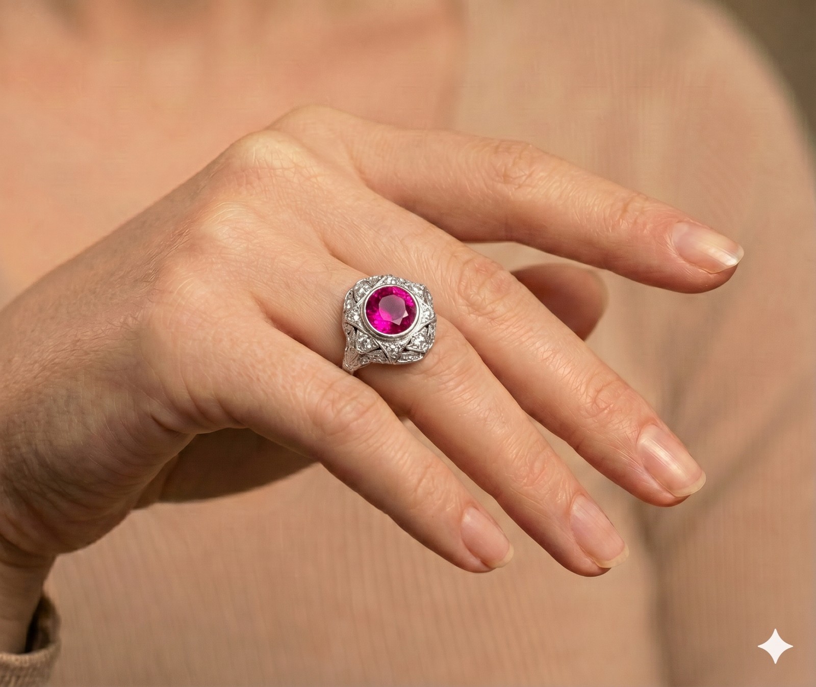 Vintage 14k White Gold Engagement Ring 2.92CT. Gem Pink Sapphire Round Cut