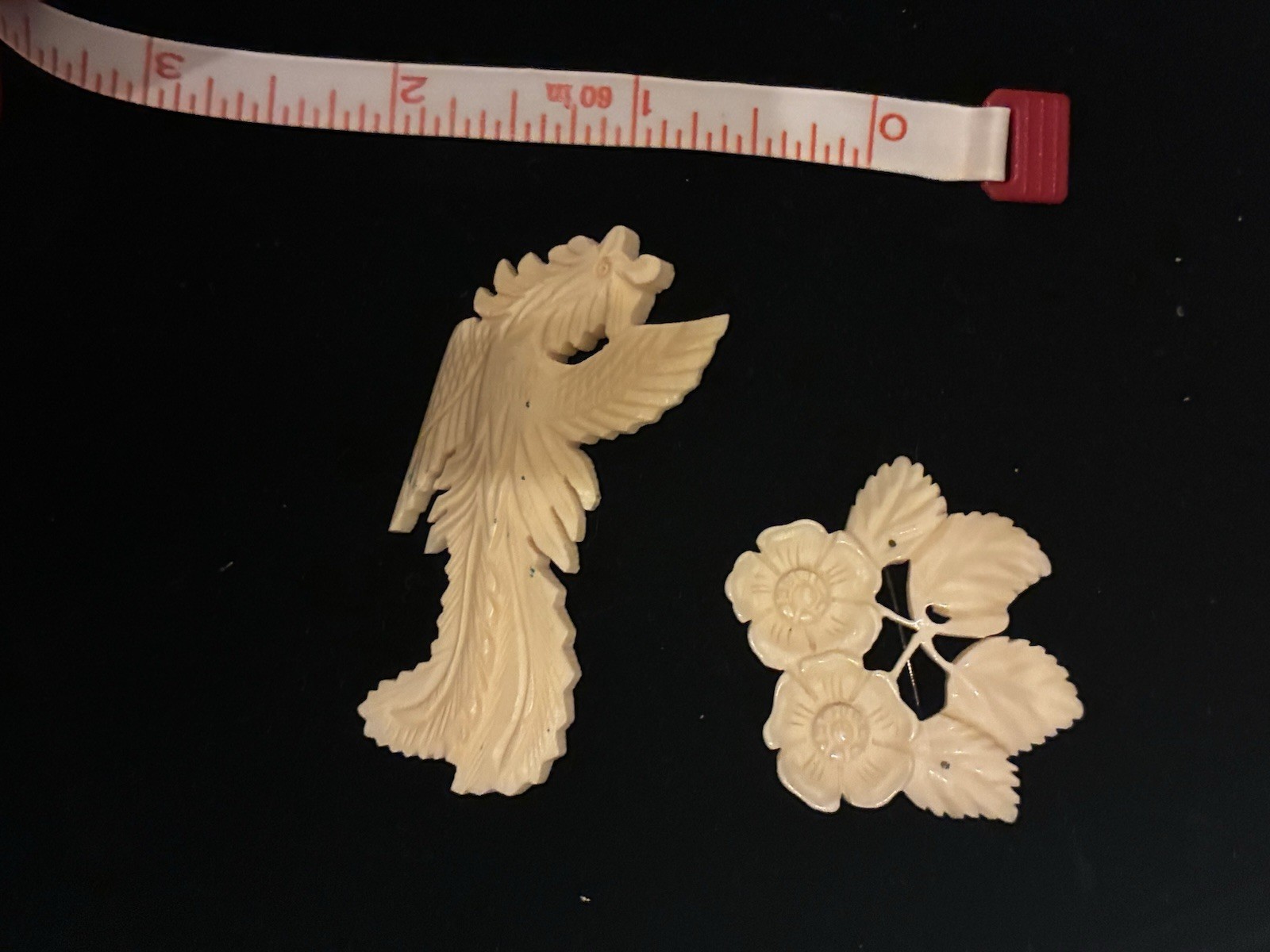 Antique Vintage Bone Brooch Chinese ? Japan? Carved Flower Bird