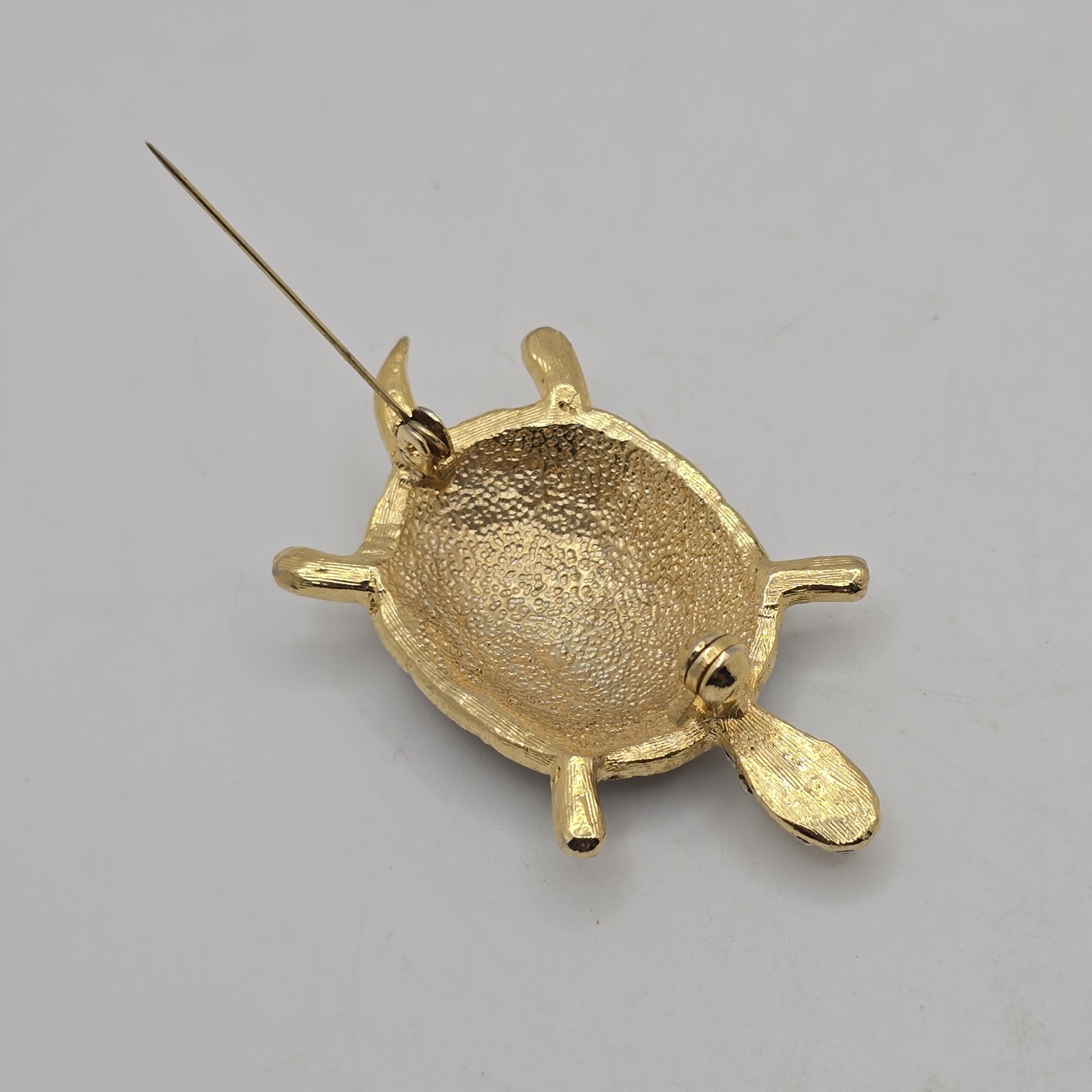 Vintage Turtle Brooch Pin Blue Green Enamel Gold Tone Clear Rhinestones