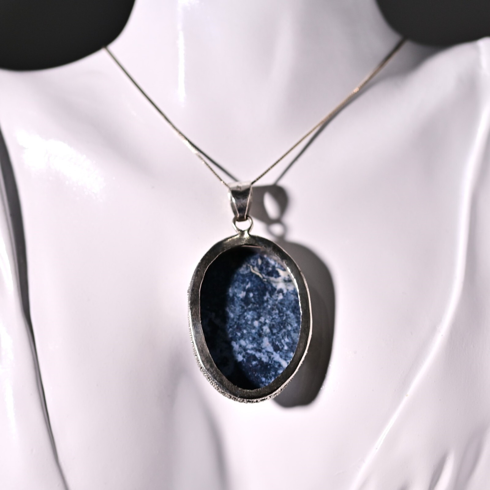 Vintage Original Sterling Silver Dumortierite Gemstone Pendant Estate Necklace