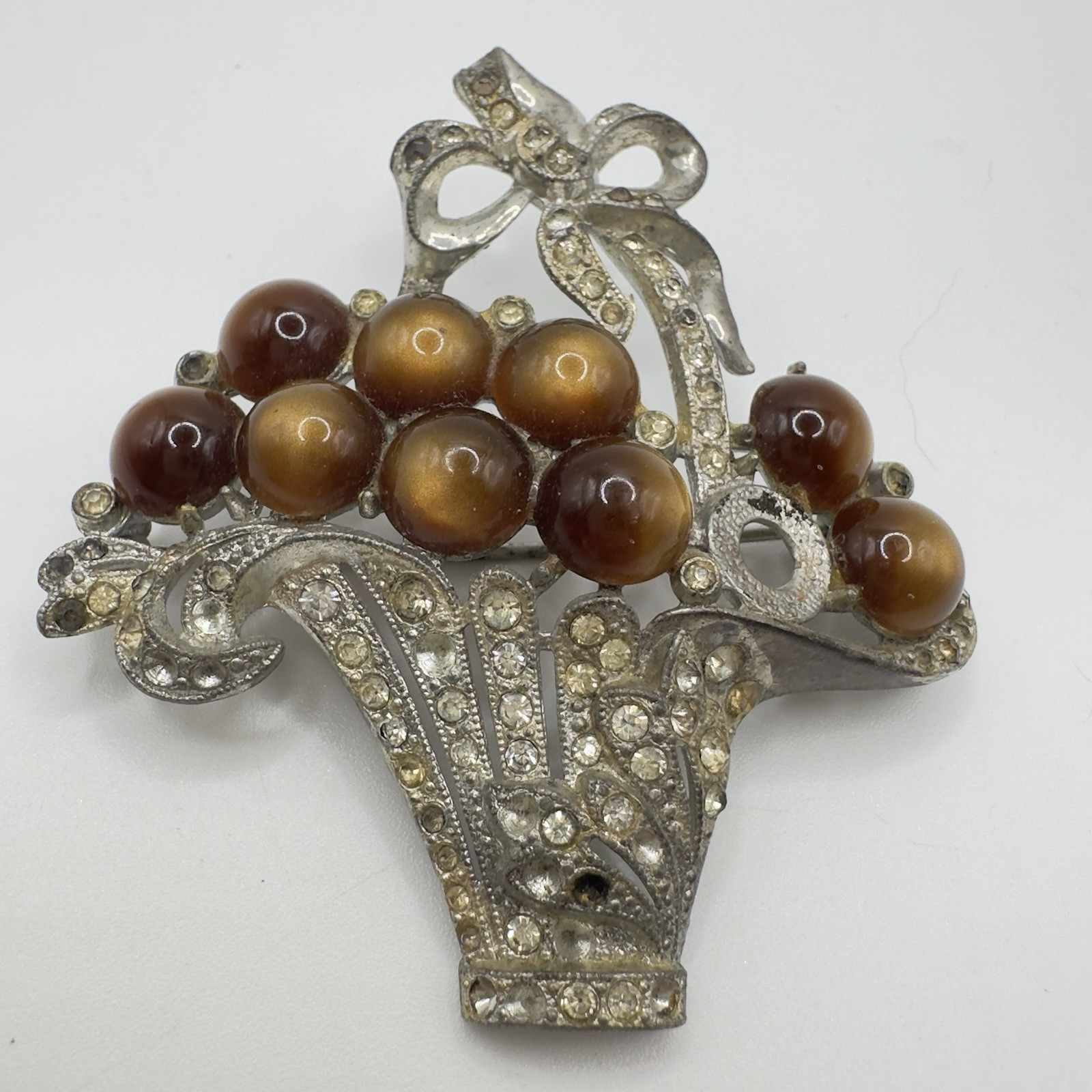 Vintage Pot Metal Brooch Moonglow & Rhinestone Flower Basket 2.5″ x 2.25″ READ