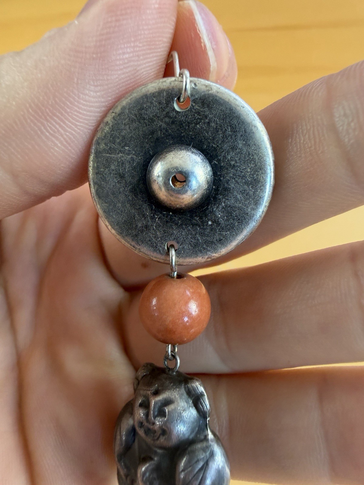 Antique Ching Qing Period Chinese Dangle Coral Happy Baby Sterling Earrings RARE