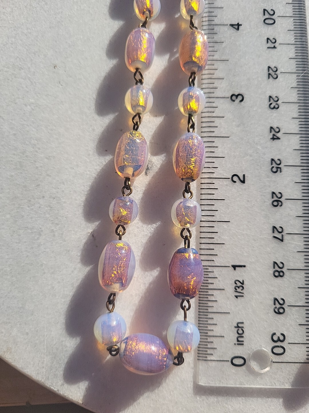 RARE ANTIQUE FIREY OPAL GOLD FOIL MILKY LILAC PINK GLASS BEAD WIRE NECKLACE SET