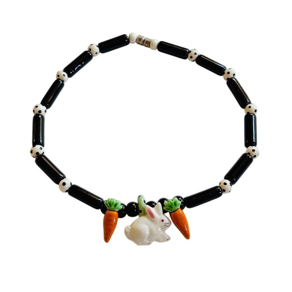 VTG Flying Colors white Rabbit Carrot necklace signed Ceramic Beads Artisan Fun