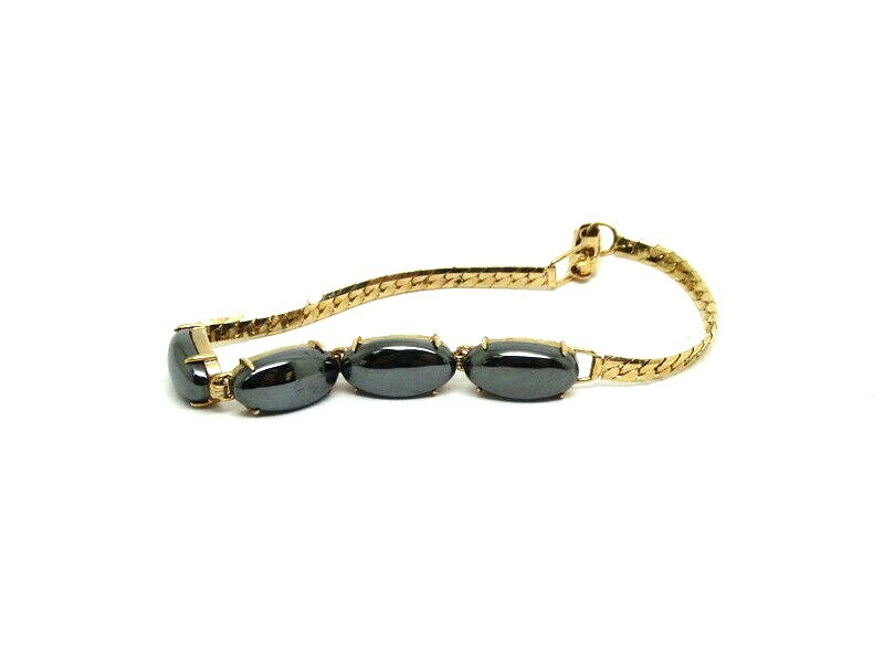 Lovely 4 Oval Shape Dark Grey HEMATITE Stone 18k Gold Plated Snake Link BRACELET