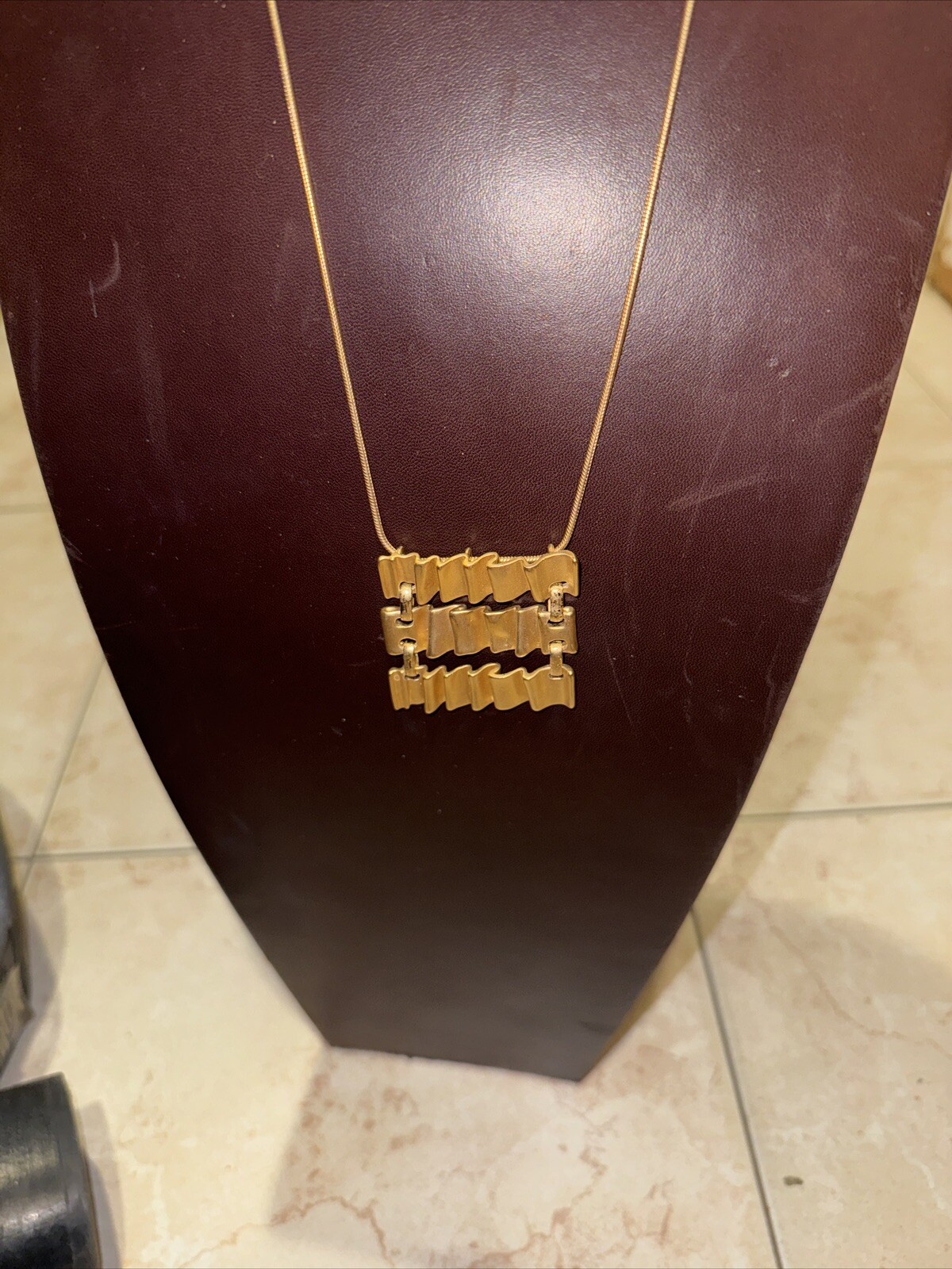 Modernist Abstract Pendant Brutalist Statement Necklace Crinkled Gold 28” Chain