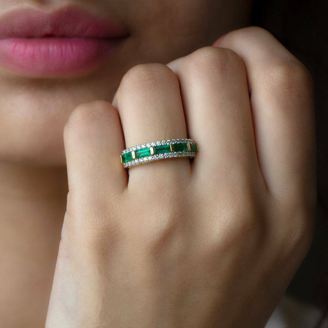 2Ct Lab Created Emerald Engagement Wedding Band Ring 14K Yellow Gold Plated