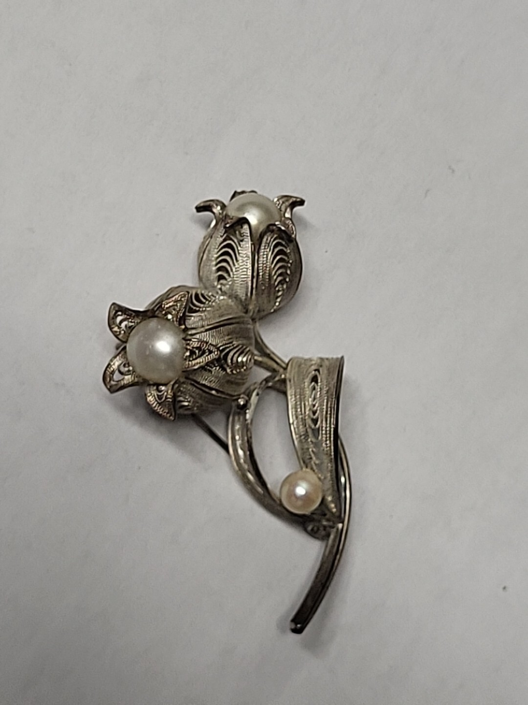 Sterling Silver Filigree Flower Vintage Japanese Akoya Cultured Pearl Brooch