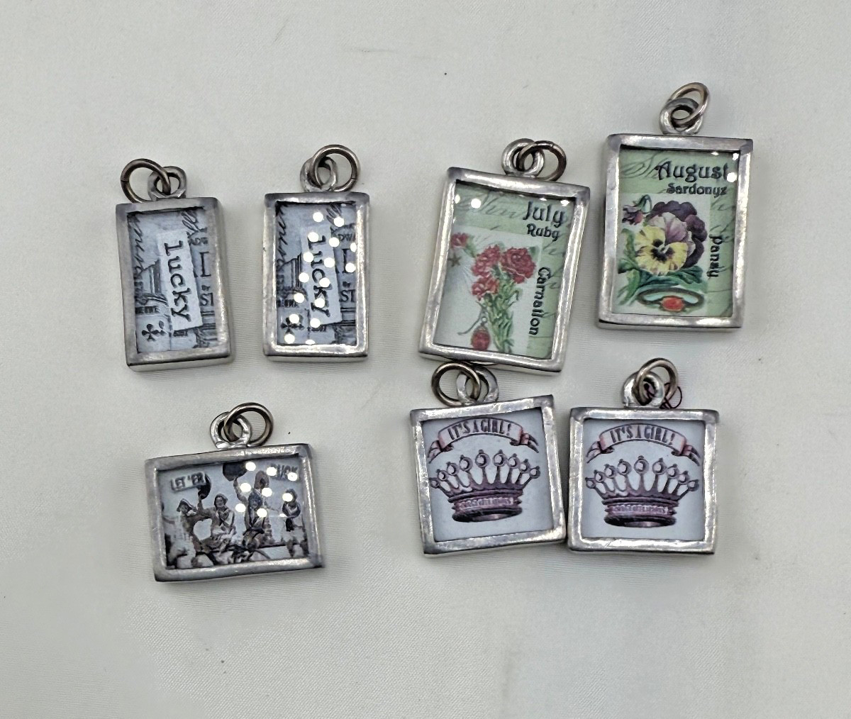 Vintage Lot Charms Silver Tone Double Sided Crown Flowers Lucky