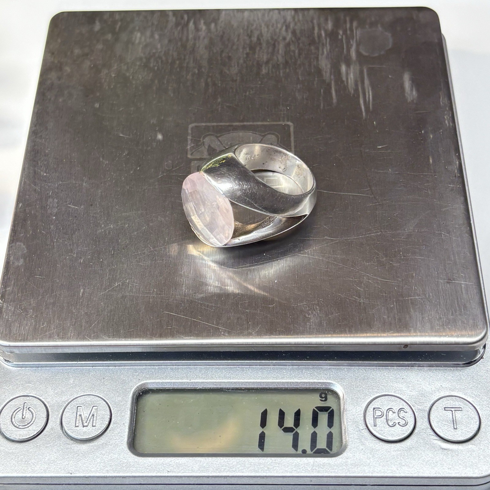 Vtg Hand Cast Sterling Silver 925 Faceted Round Pink Quartz Band Ring Size 7