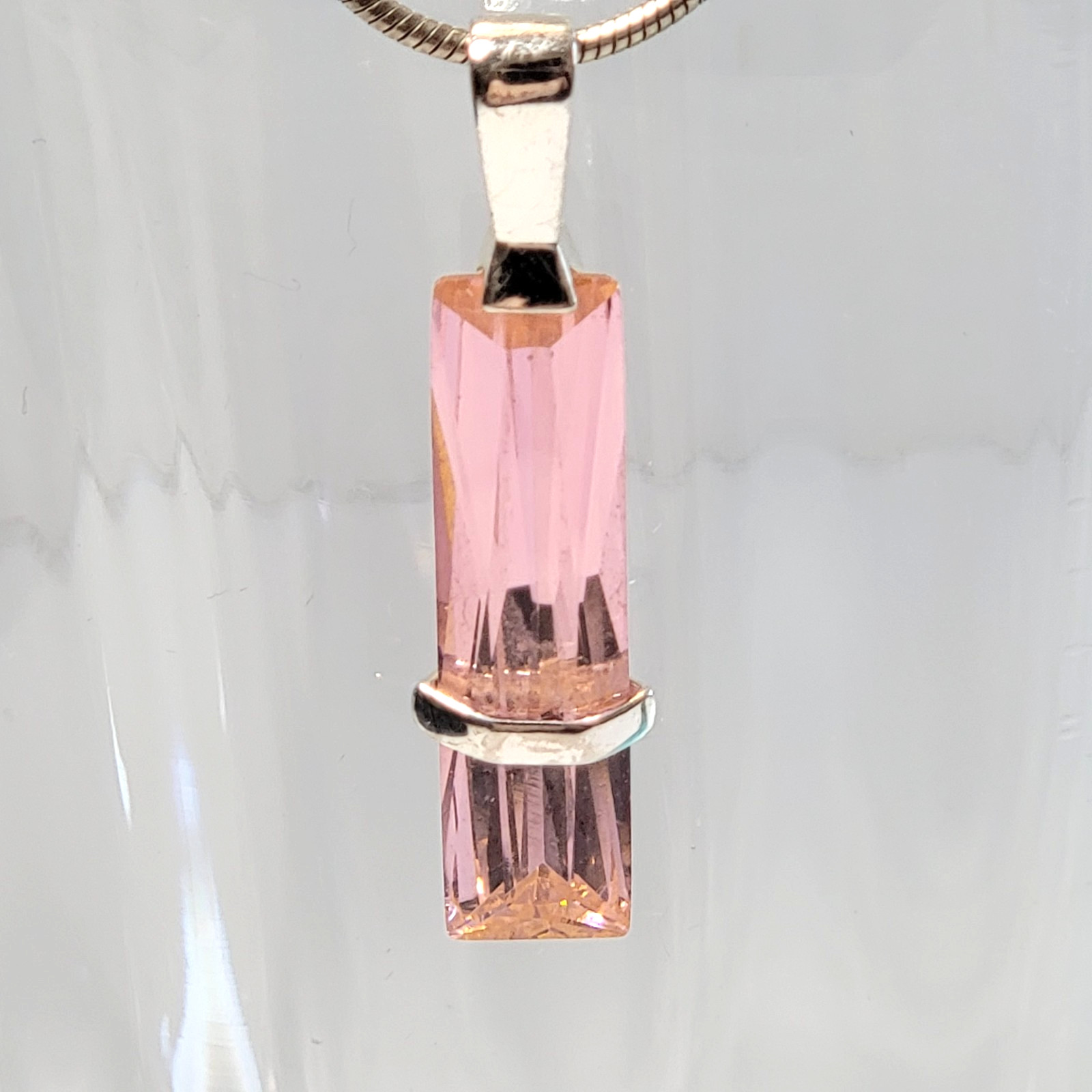 Vintage Pink Cubic Zirconia Baguette Pendant Silver 925, Modernist, 1 5/8″L
