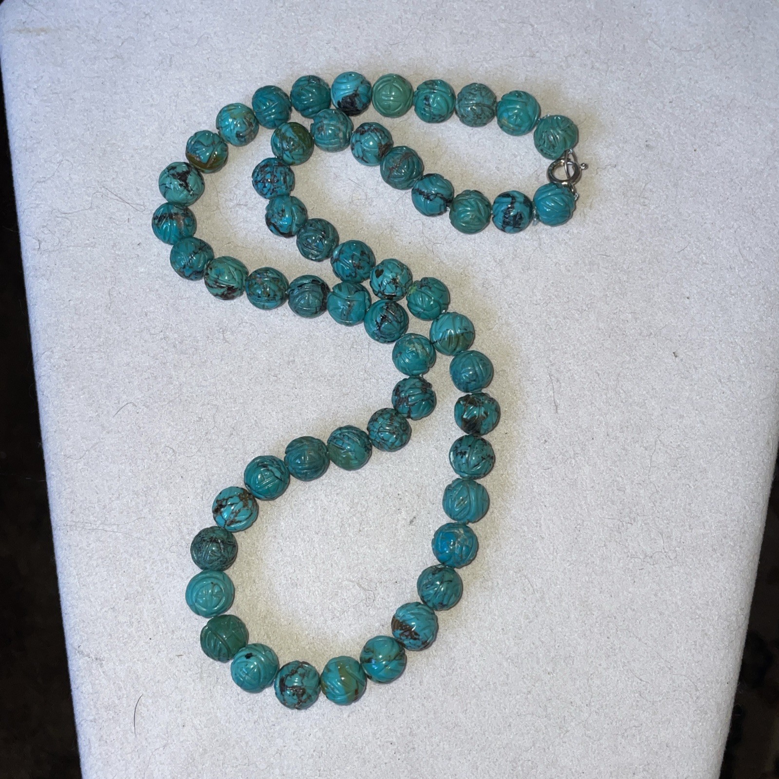 Vintage Chinese Turquoise Carved Shou Bead Necklace Sterling Silver 21” Long