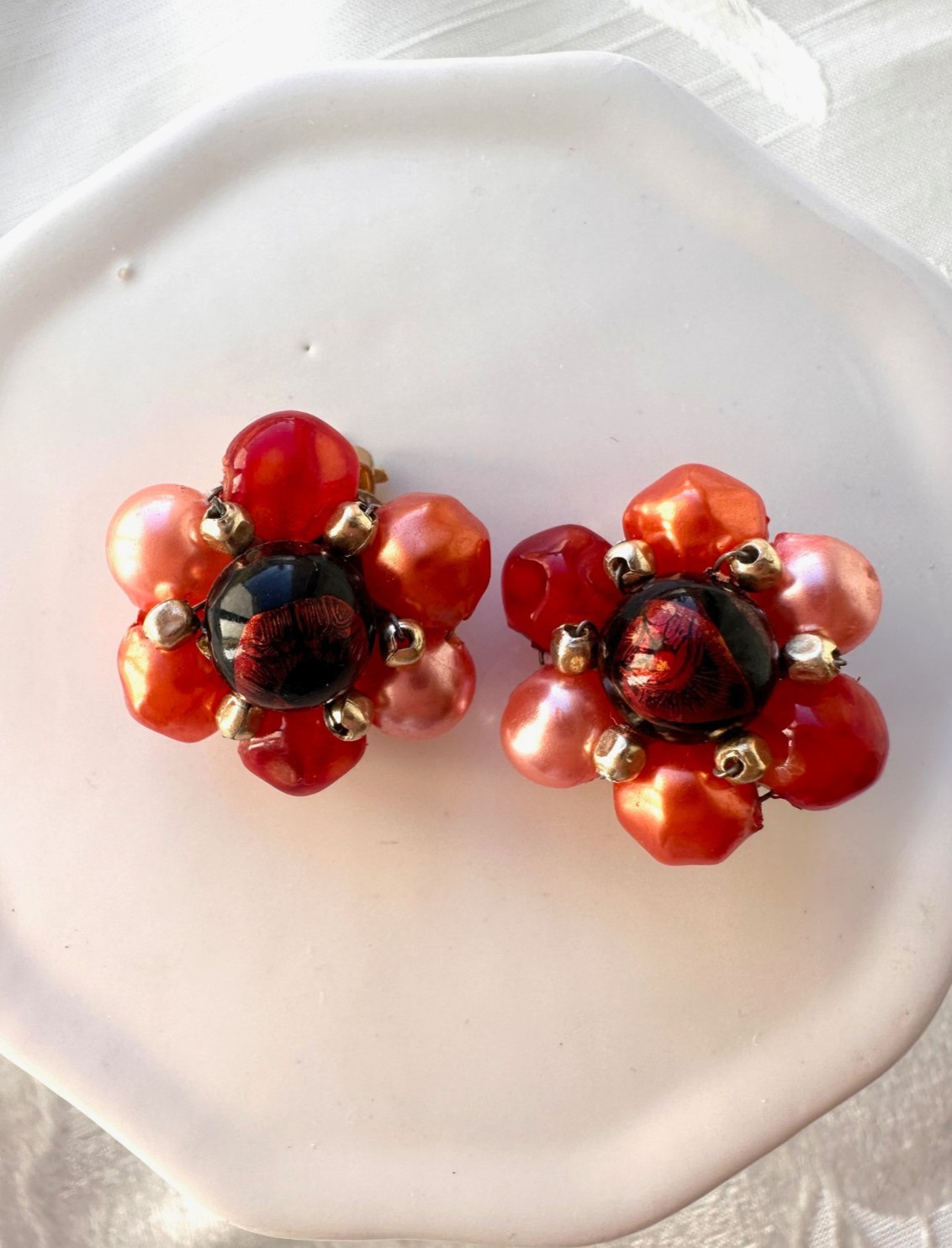 Vintage Green Tone JAPAN and Red Tone HONG KONG Beaded Clip On Earrings