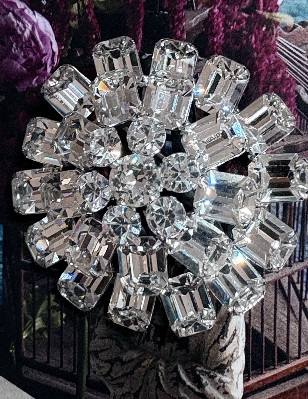 “Kramer of New York” Rhinestone Pin Brooch vintage huge Emerald Cuts Rhodium
