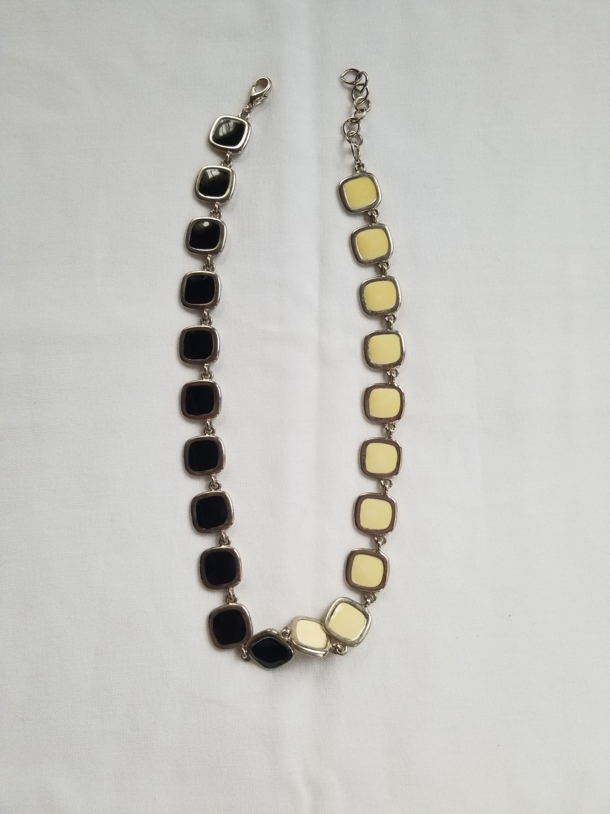 Vintage 1970s Black and Cream Enamel Geometric Necklace Reversible Silvertone