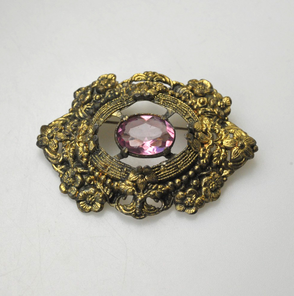 Vintage Brooch Czech Style Brass Floral large Glass Stone wear rehab T14