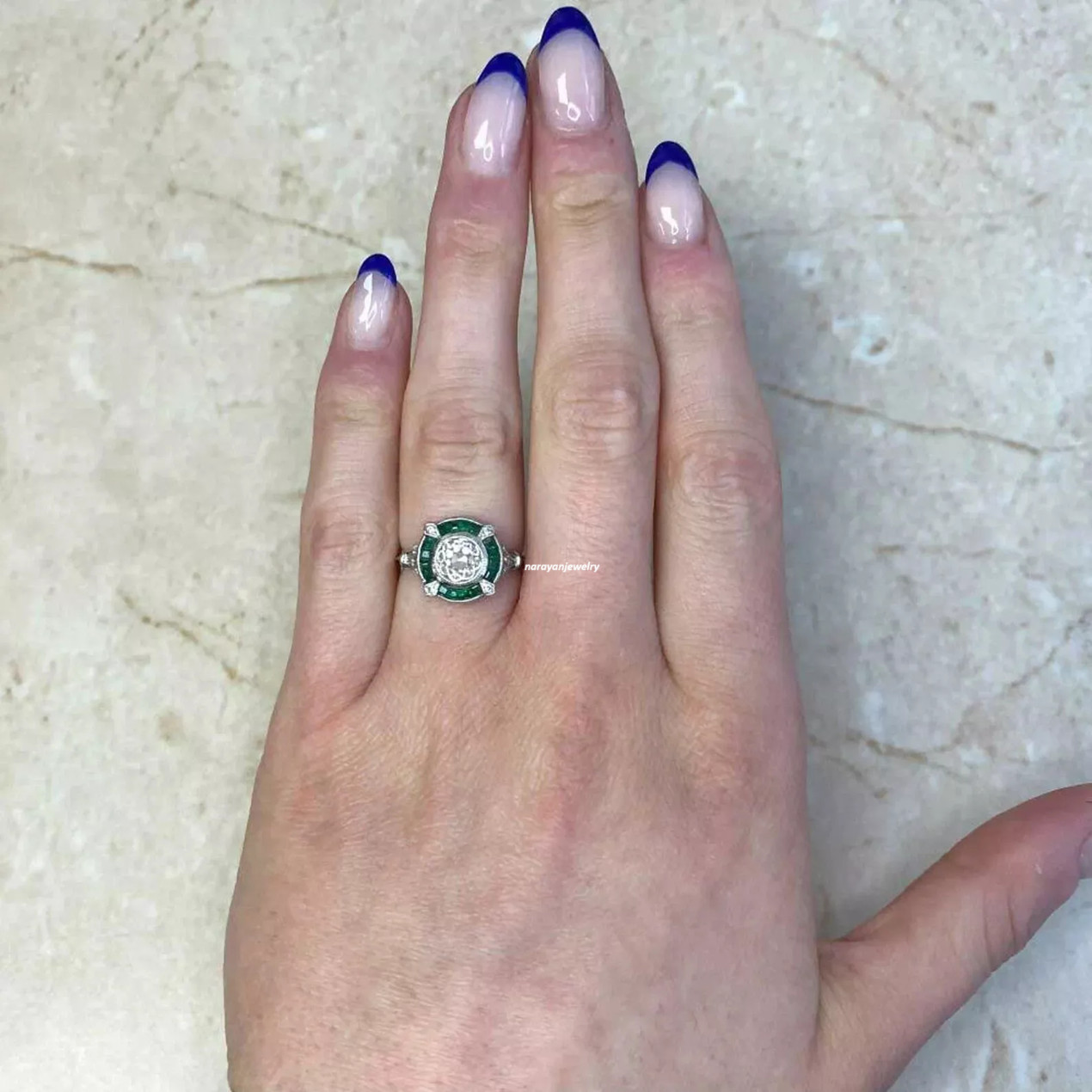 Art Deco Vintage Style Emerald Lab Created Diamond White Gold FN Engagement Ring