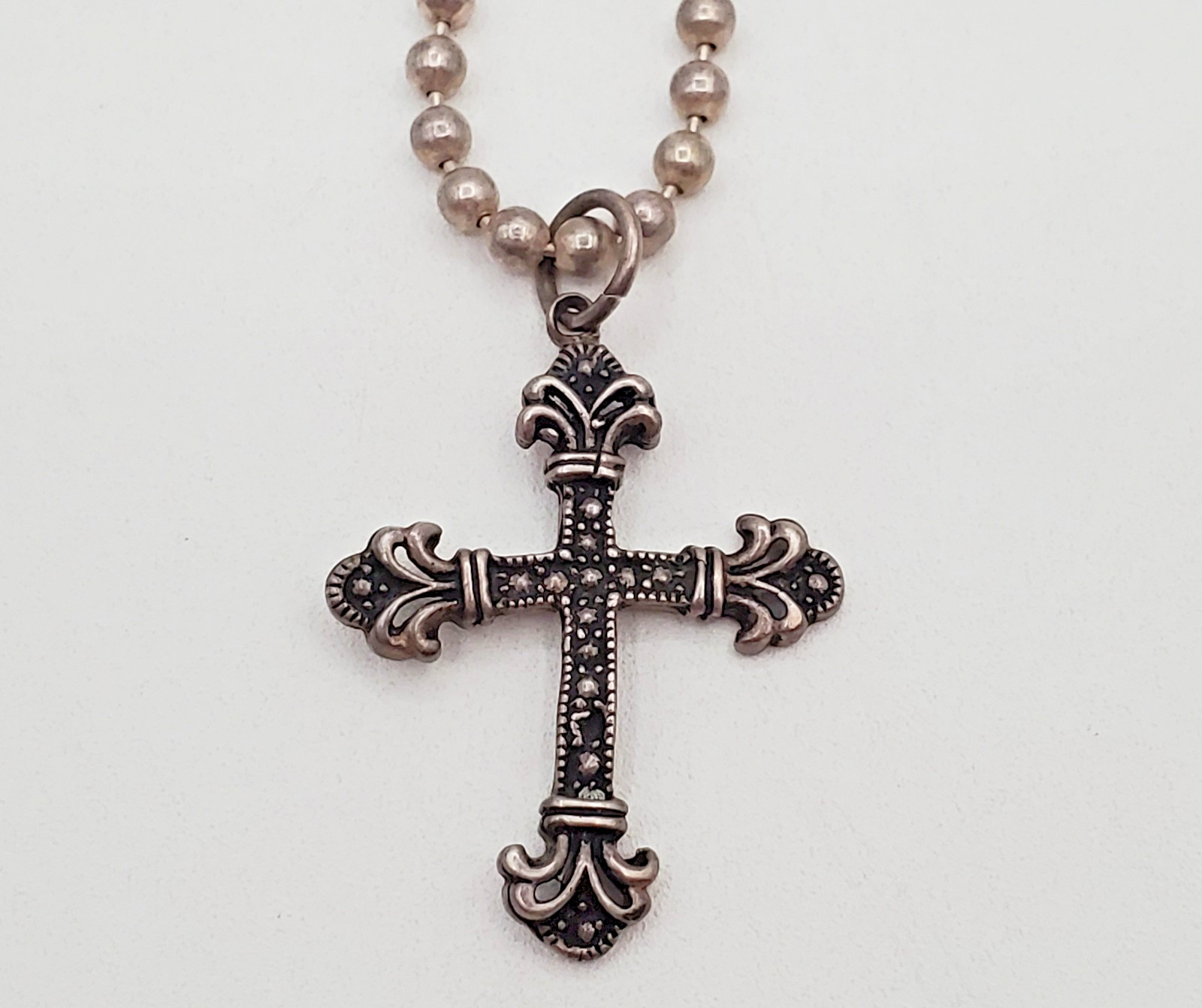 VTG 925 Ornate Cross Necklace 20in Sterling Silver 27g Ball Chain Italy Estate