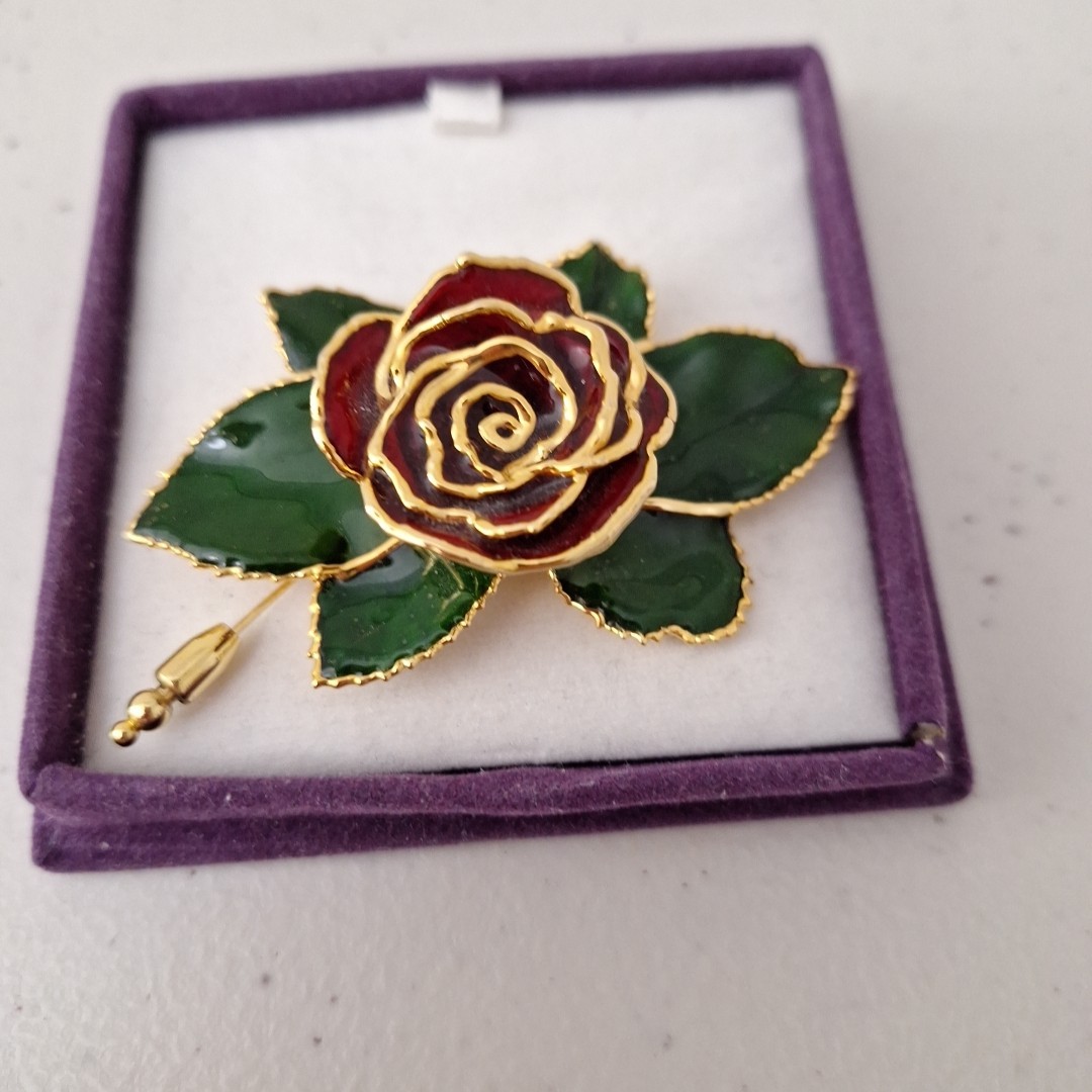 VINTAGE METAL ENAMEL ROSE FLOWER PIN BROOCH RUFFLE PETALS Rose 3″ NEW