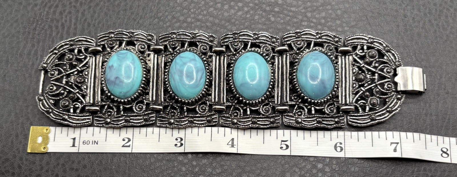VTG Wide Chunky Panel Bracelet Faux Turquoise Boho Silver Tone Filigree