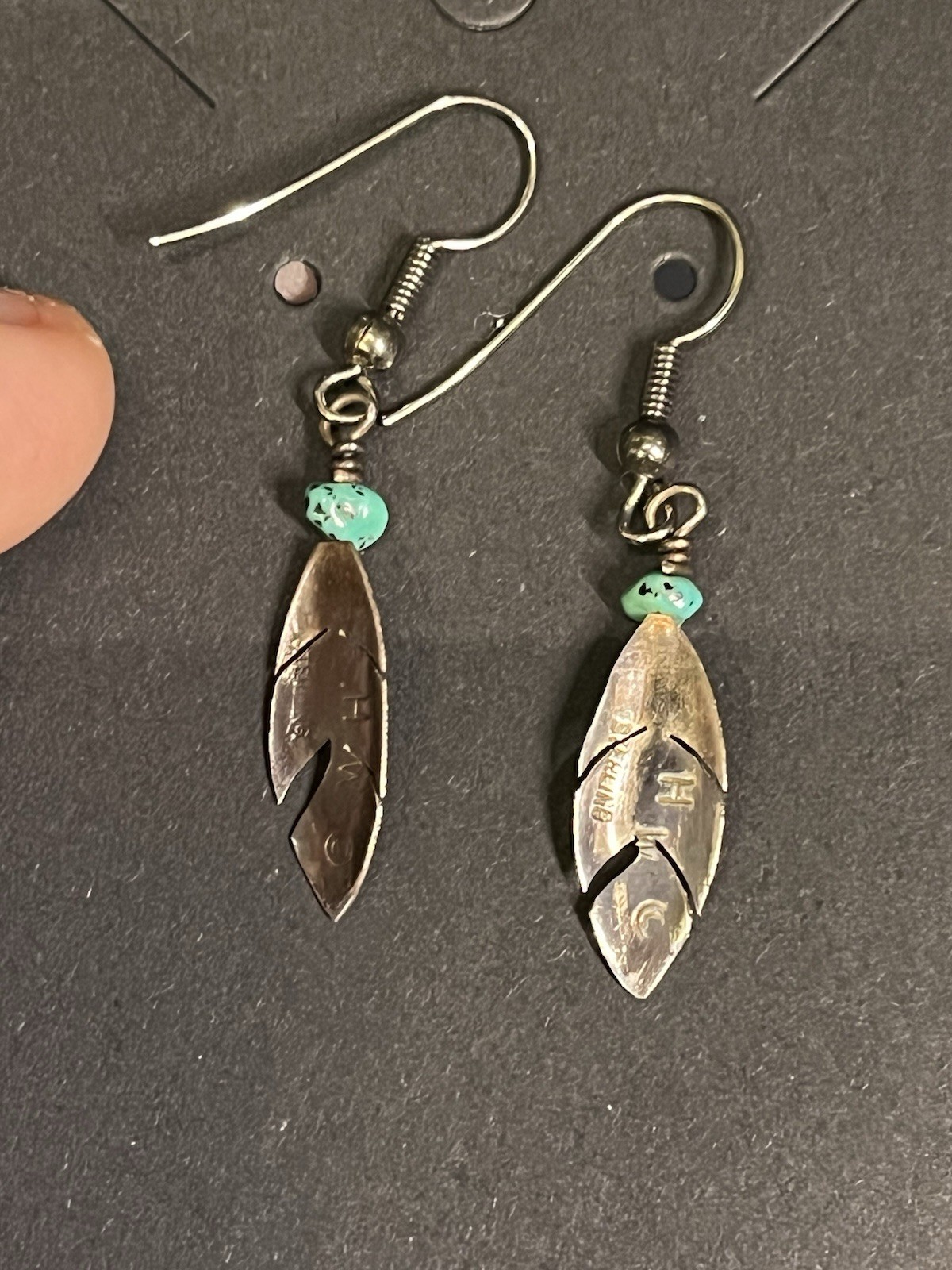 VINTAGE 925 STERLING SILVER HW TURQUOISE FEATHER DANGLE EARRINGS 1 5/8”