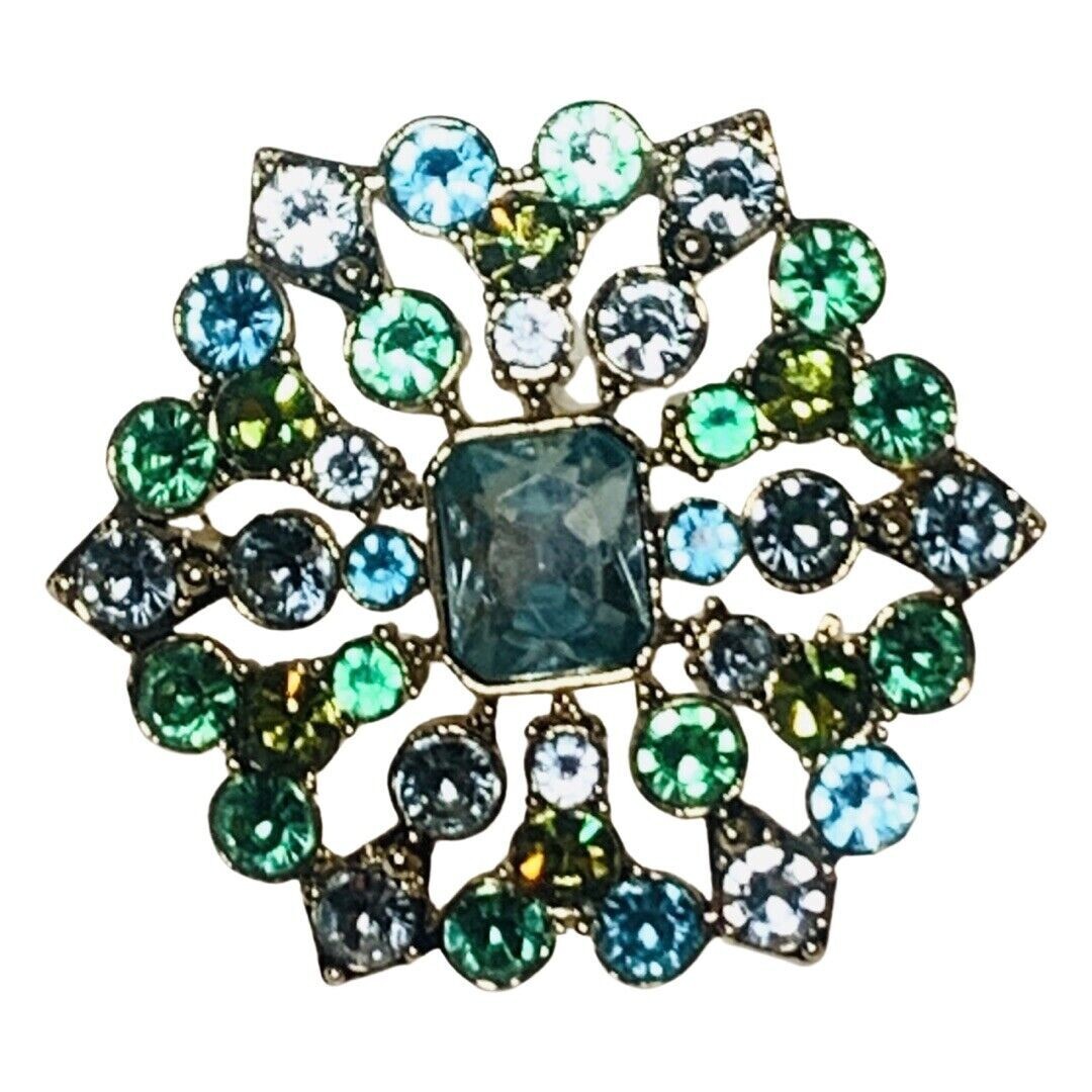 Liz Claiborne Green Rhinestone Brooch Pin 2” Gold Tone Flower
