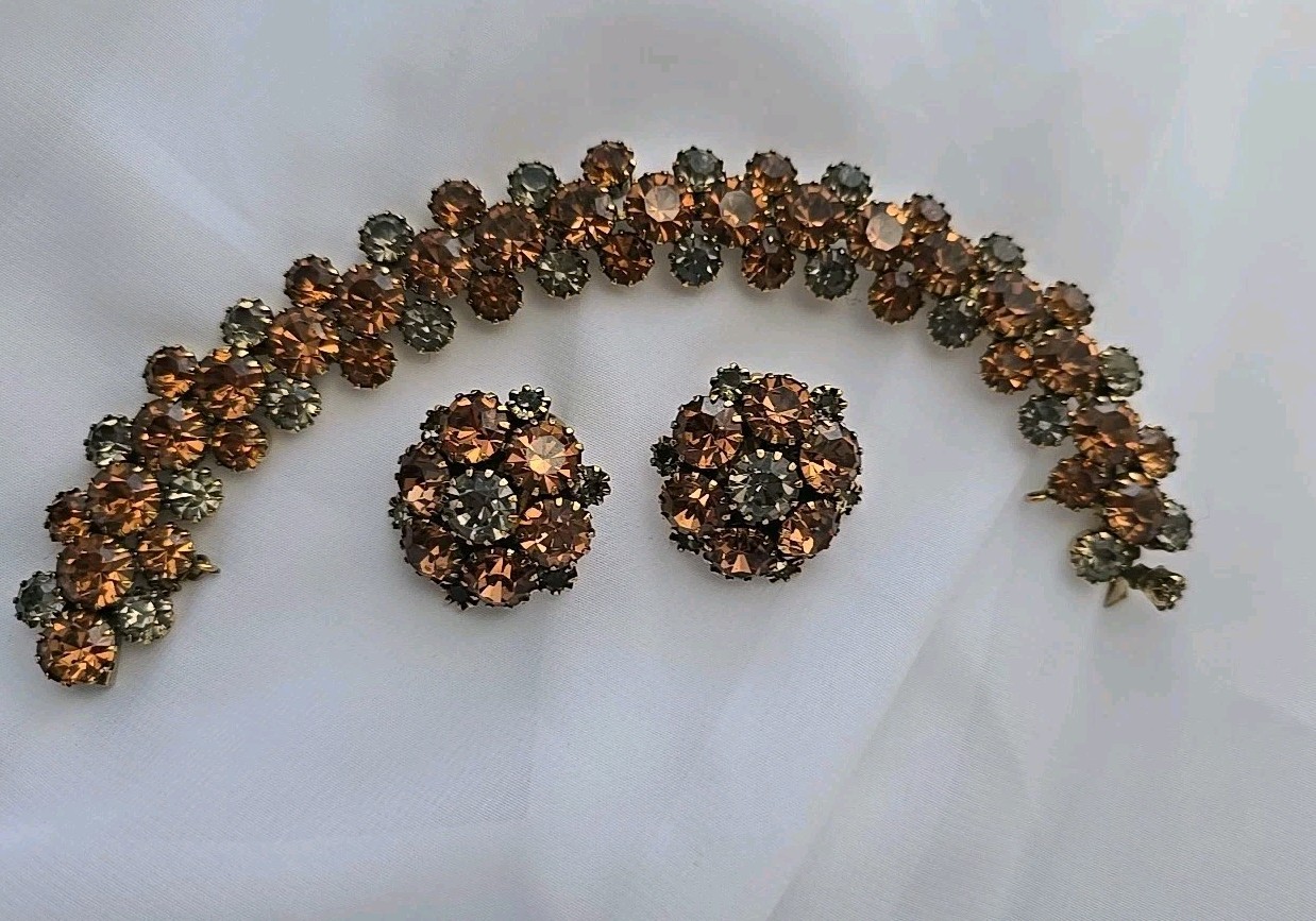 1950’s Kramer Rhinestone Set Pin Bracelet & Earrings Gray & Brown Stones