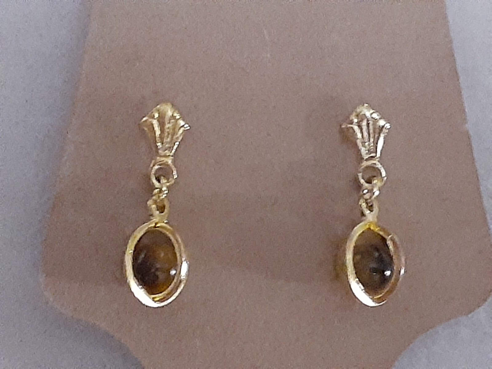 Dainty Tiger’s eye gemstone caged gold tone dangle drop earrings