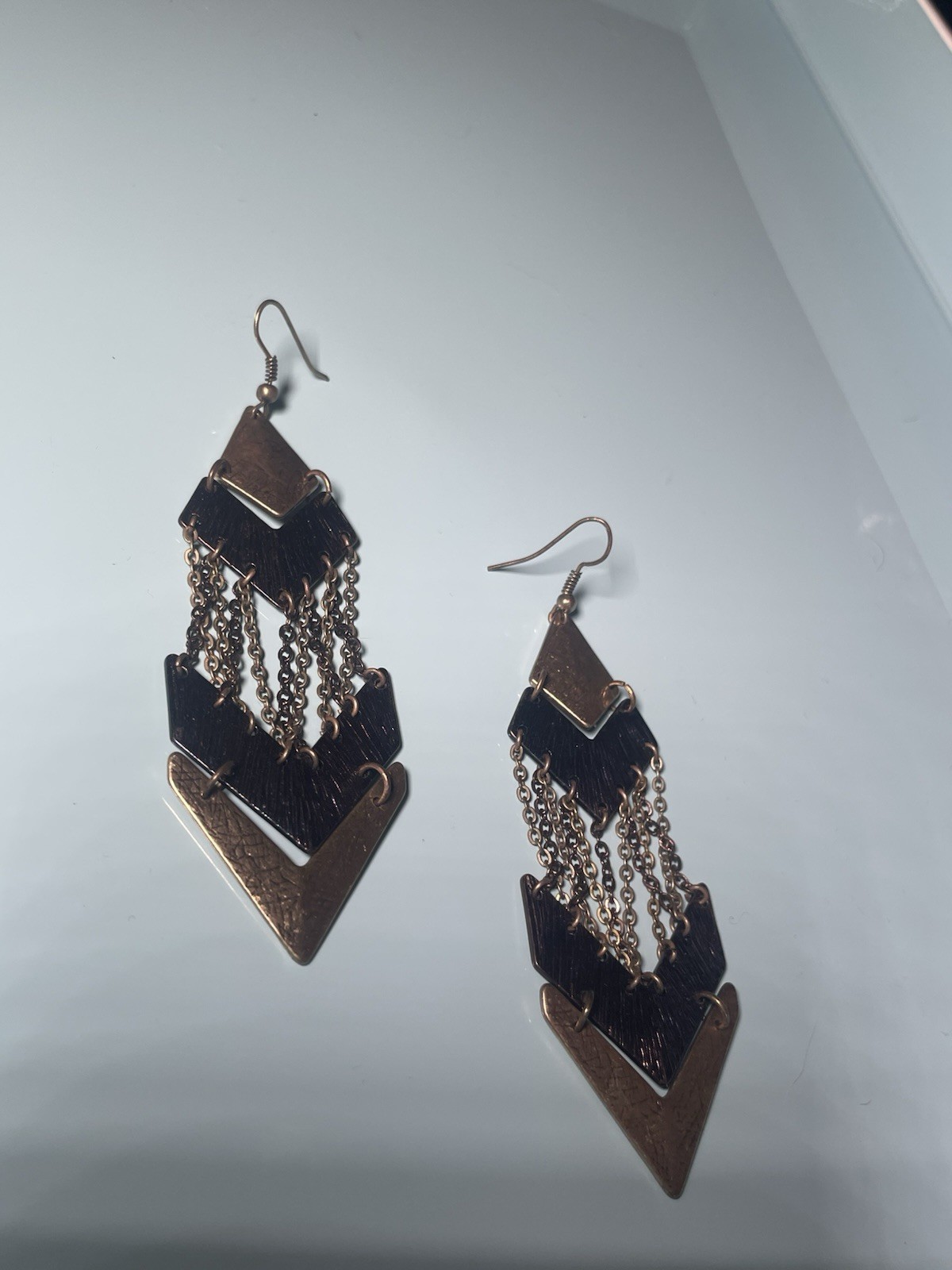Vintage Geometric Chandelier Dangle Earrings Bronze Tone Layered Chevron Chain