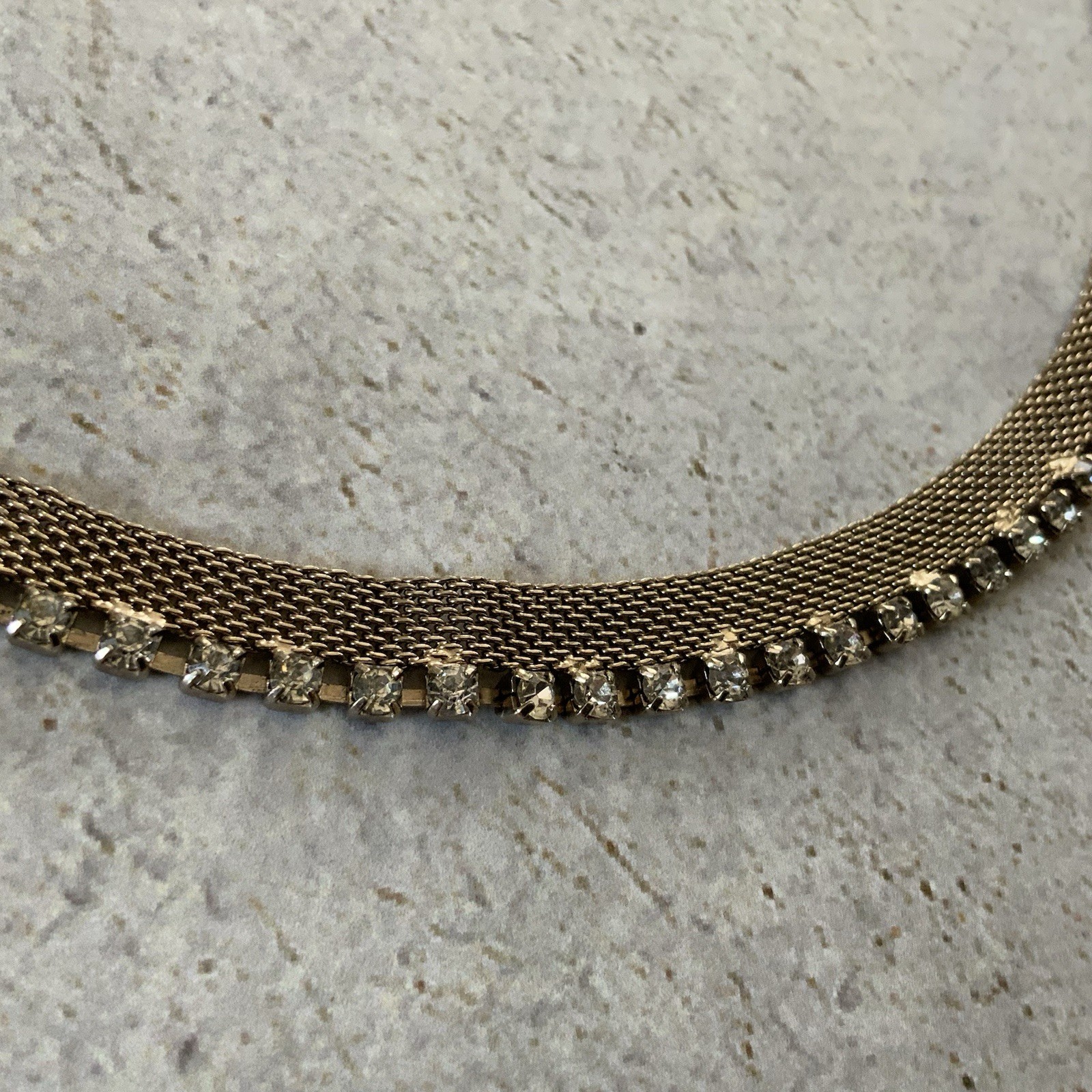 Vintage Rhinestone Mesh Choker Necklace Gold Tone Minimal Sparkle 50s