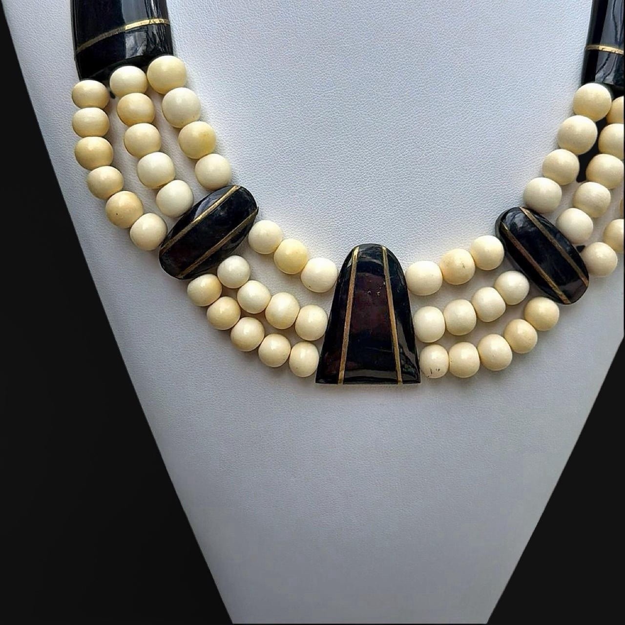 Art Deco Resin Bib Necklace Multi Strand Black Cream Bead Statement