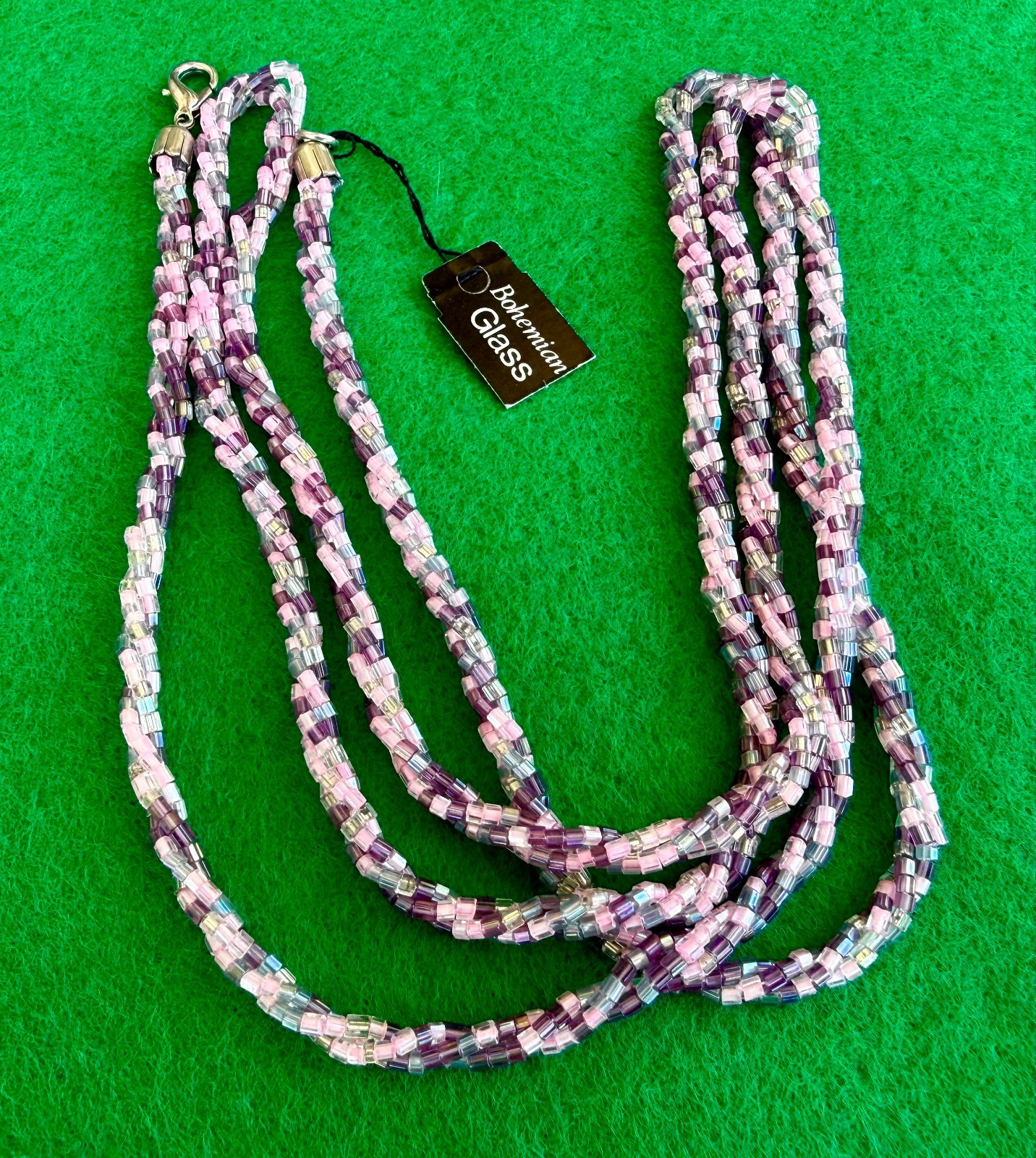 Vintage Czech Bohemian Glass Seed Bead Necklace 48″ Long Pink Purple