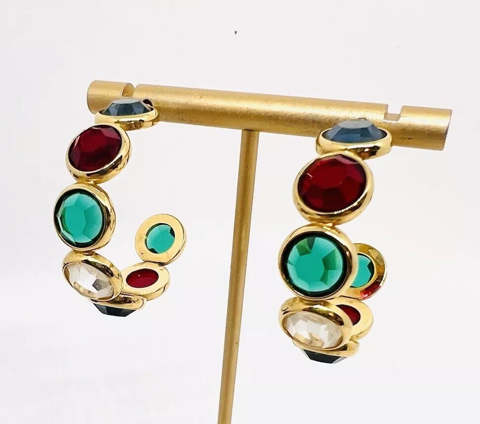 Large Multicolored Bezel Set Crystal Hoop Earrings Posts Vintage Jewelry
