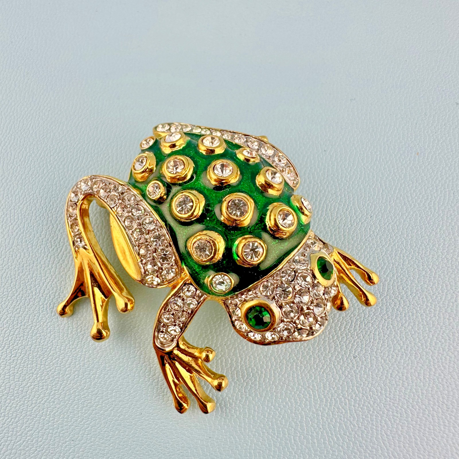 Vintage Rhinestone Green Enamel Frog Brooch Shiny Gold Tone Leap Jump Figural