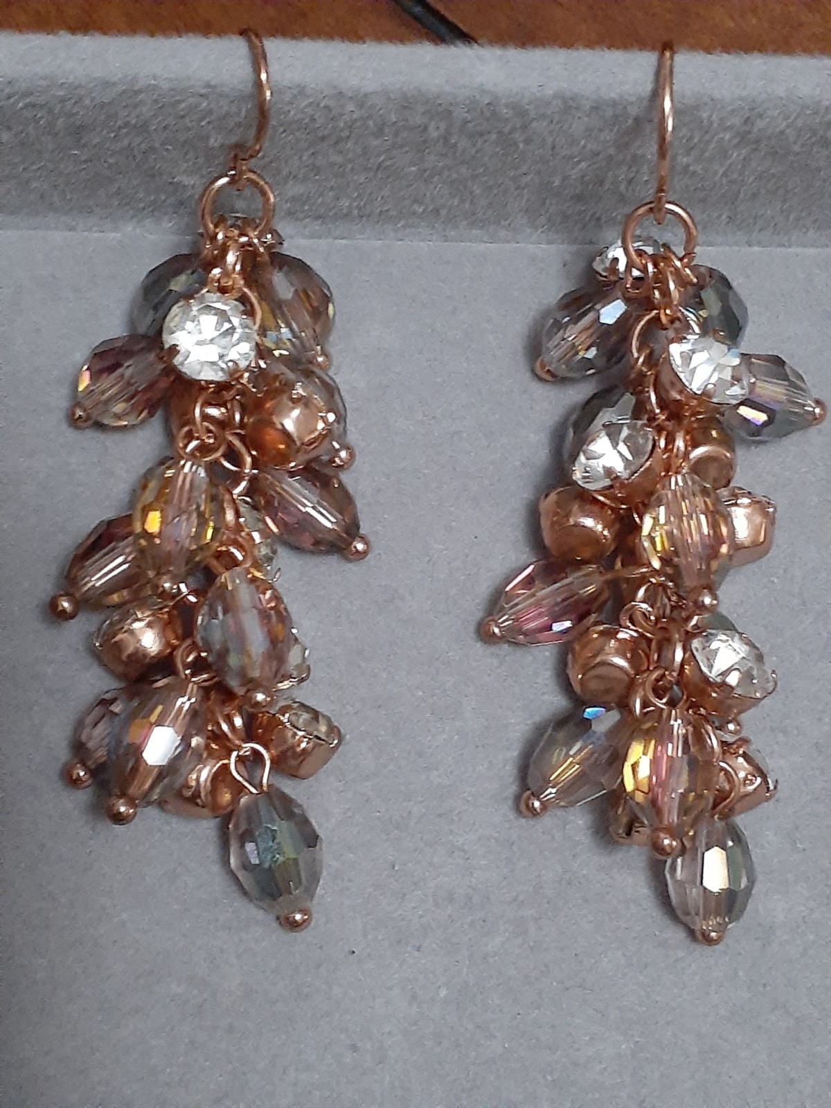Fauceted lucite iridesent bead earrings & rhinestone cluster dangle drop style